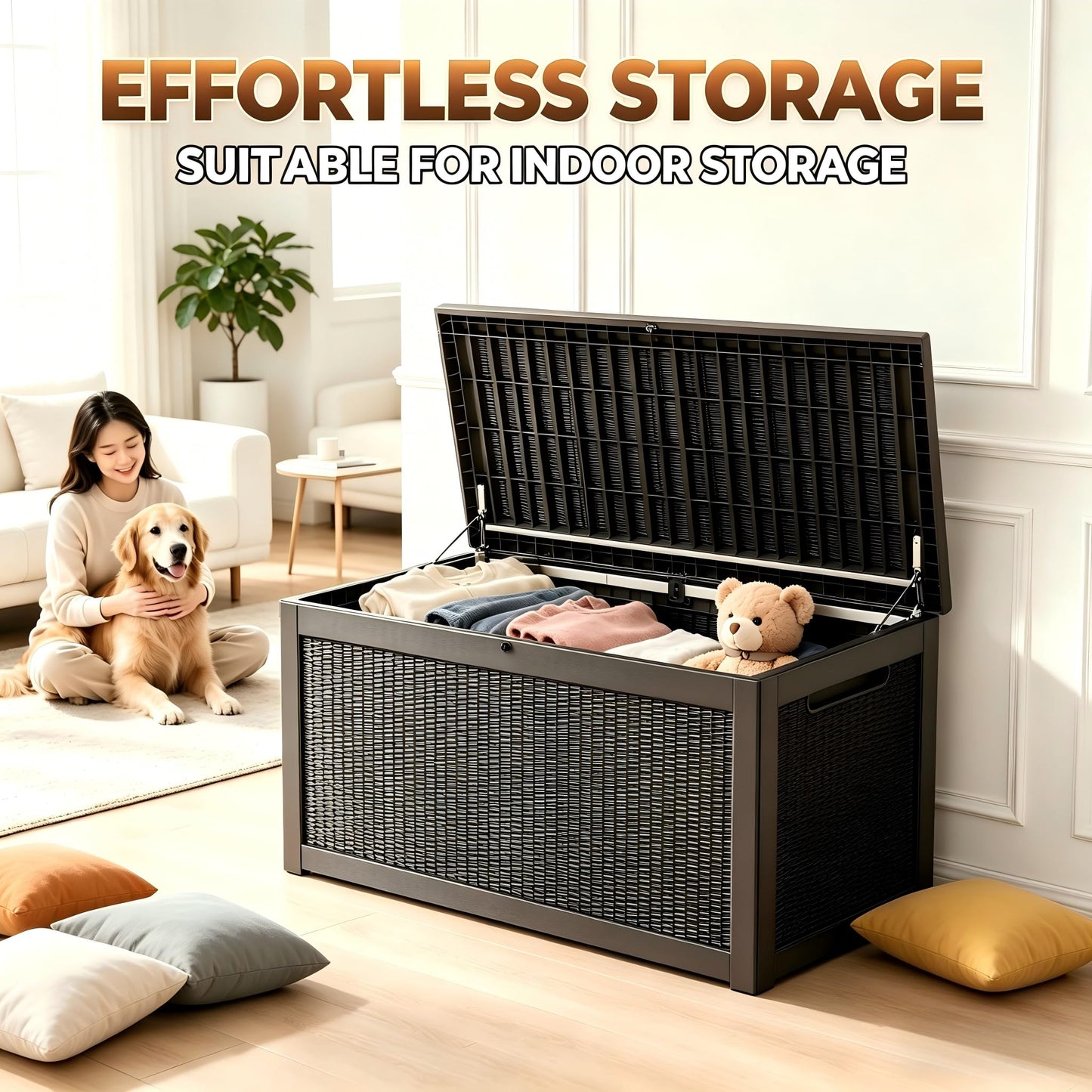 328 Gallon Waterproof Outdoor Storage Box, Heavy Duty Resin Deck Box Lockable, Large Outside Patio Storage Bench for Garden Tools & Pool Accessories, Hydraulic Lift, All-Season UV-Resistant, Brown