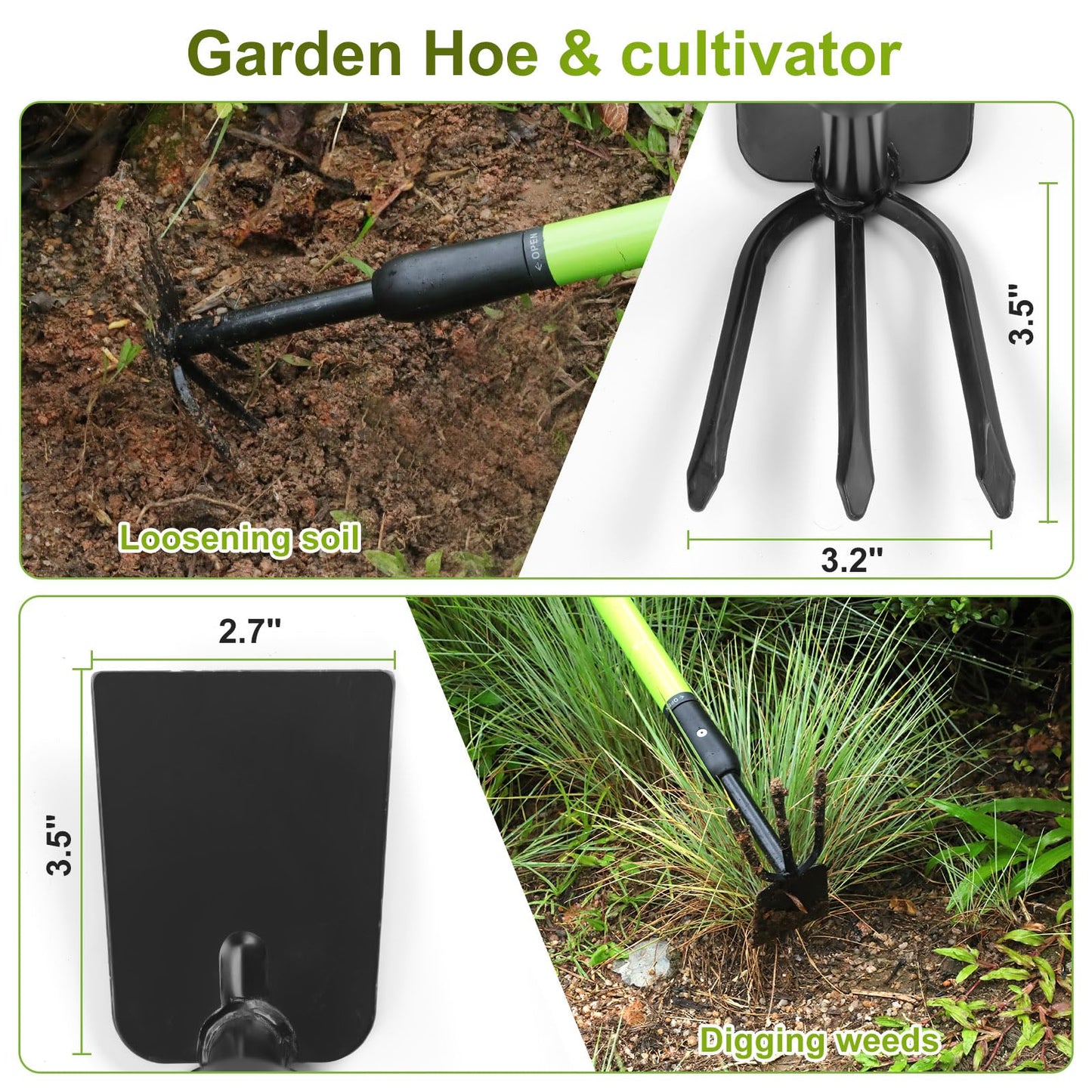 Garden Hoe - Telescoping 27-39 Inch Dual Head Weeder & Cultivator with Adjustable Handle, Lightweight Rust Resistant for Raised Beds, Camping, Beach & Backyard Gardening