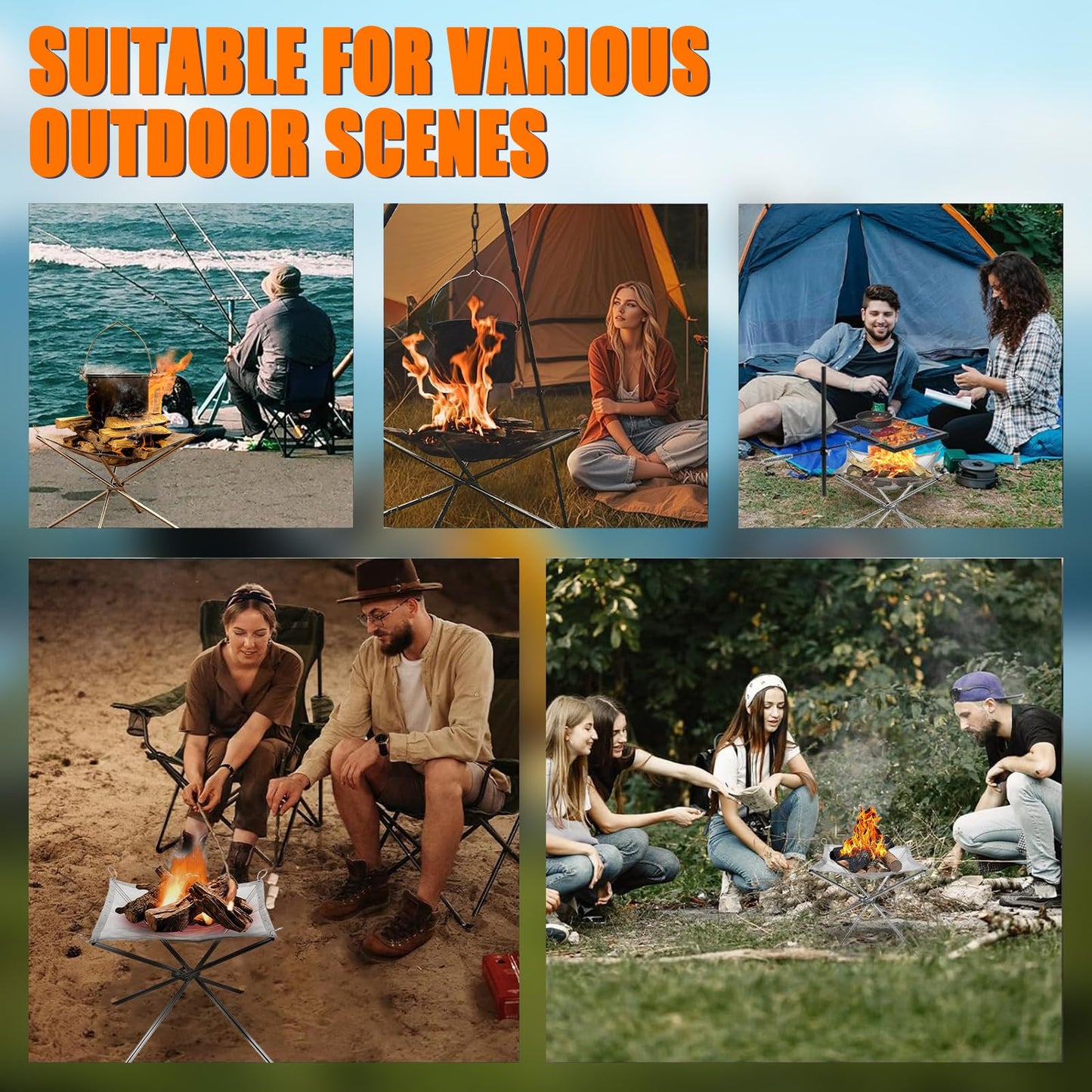 22 inch Portable Outdoor Fire Pit for Camping Upgrade Foldable Stainless Steel Mesh Fire Pits for Outside Wood Burning Collapsible Fireplace for Patio,Camping,Bonfire,Backyard,Garden,BBQ