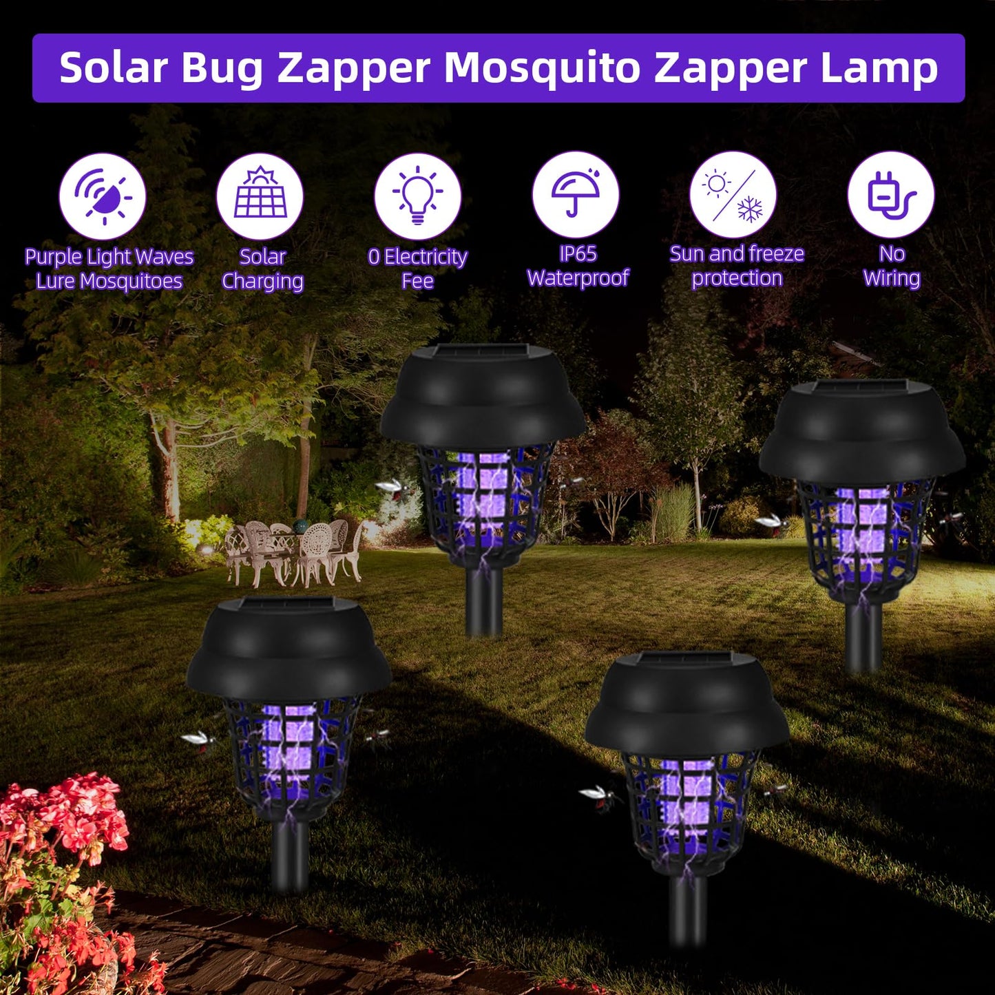 Solar Bug Zapper Outdoor Waterproof Solar Powered Mosquito Zapper Repellent Outdoor Patio,Cordless & Auto On/Off, Purple or White Light,Small Fly Insect Zappers for Garden Backyard for Outside,4 Pack