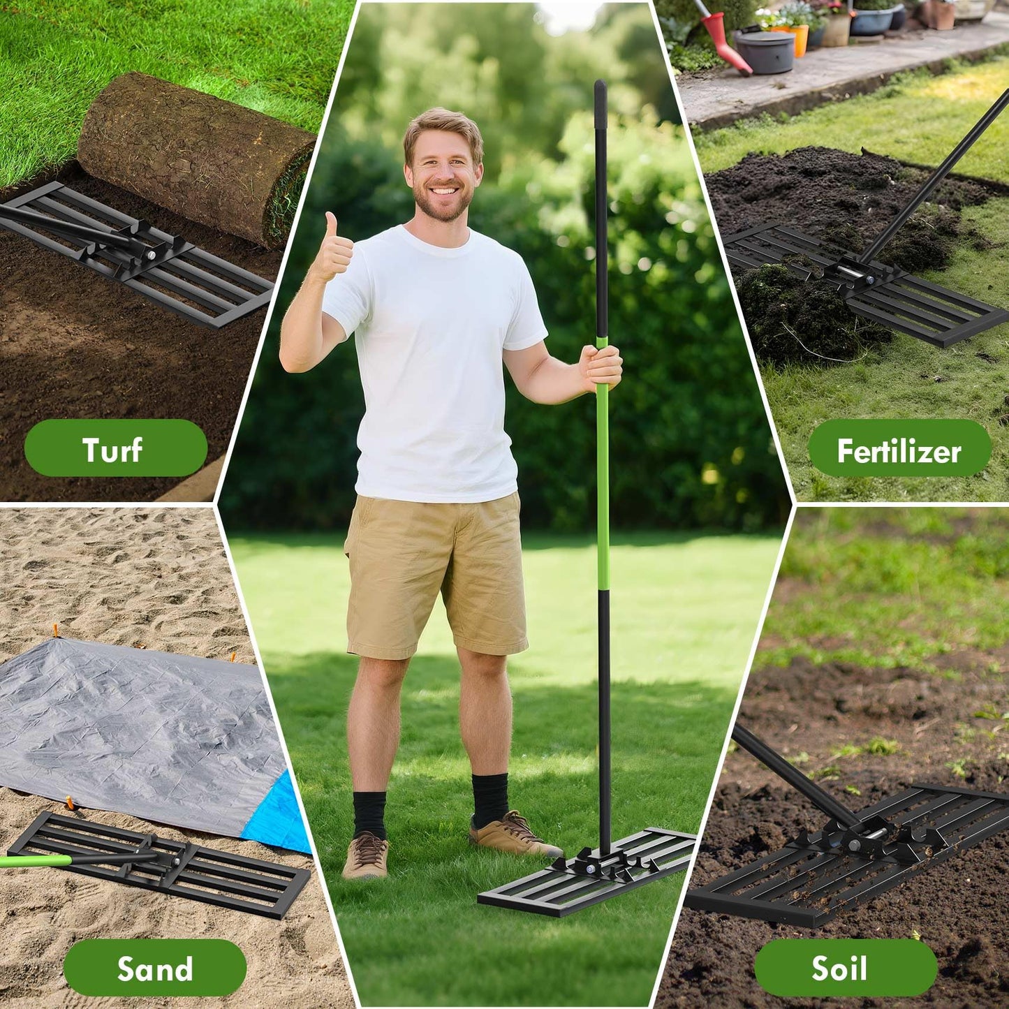 Seeutek Lawn Leveling Rake, 35” x 10” Lawn Leveler with 6.5FT Stainless Steel Handle Rakes for Lawns, 0-180° Adjustable Ground Leveler Tool for Yard, Level Soil Sand Dirt Surfaces