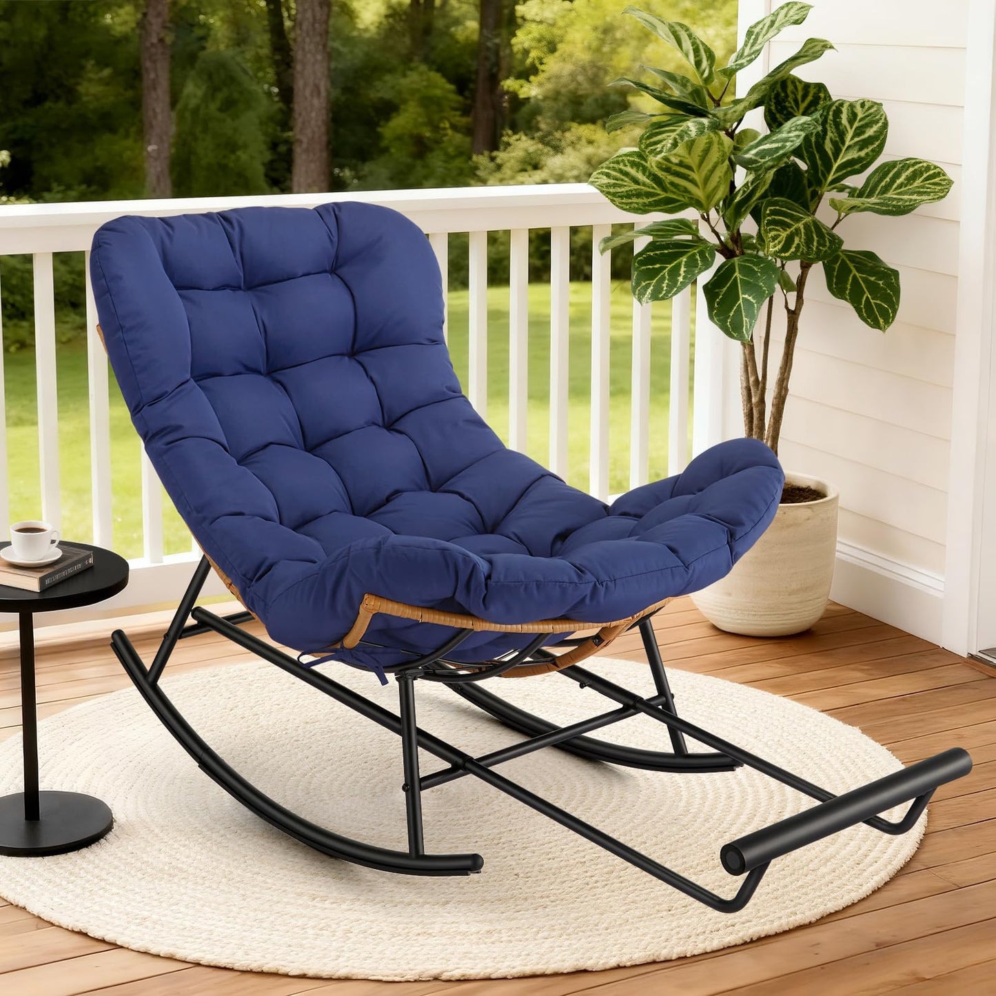 GAOMON Papasan Rocking Chair with Foot Rest, Papasan Chair with Thick Removable Cushion and Metal Frame, Lounge Chairs and PE Rattan Rocker for Patio, Garden, Lawn, Living Room and Relaxation Space