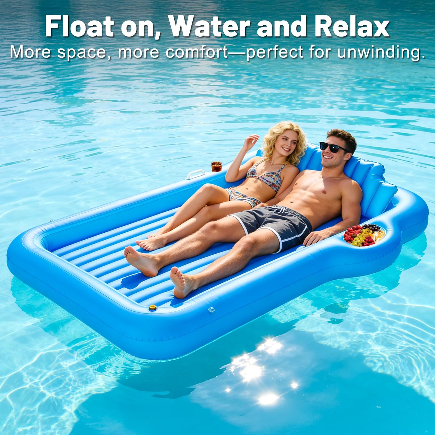 83"x63" Extra Large Inflatable Tanning Lounger Float with Sprinkler,2-Person Pool Float Adults with Backrest,Cup & Food Holder Blow Up Tanning Bed for Summer Beach Pool Party(Extra Large-Blue)
