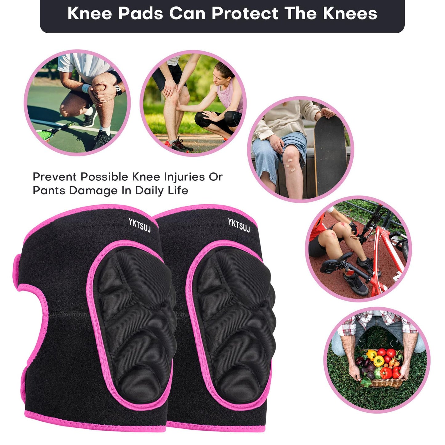 YKTSUJ Knee Pad Women Men for Gardening House Working, Floor and Carpet Cleaning, Construction Work, Cleaning Knee Pads With High Elastic Fabric Black with Pink Edge L