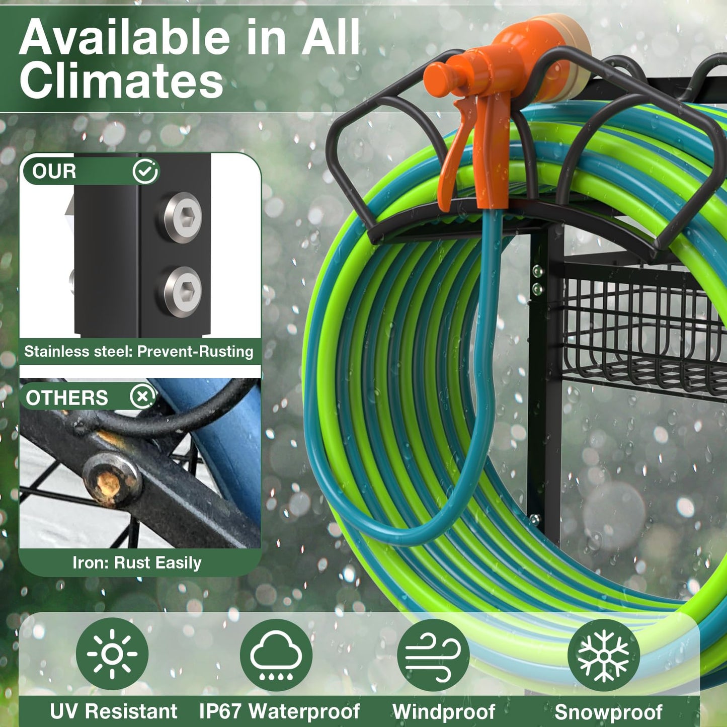 Qatsrin Upgraded Garden Hose Holder with Large Basket, Heavy Duty Water Hose Holder Supports 160-ft Hoses, Freestanding Detachable Hose Stand Storage Reel Hanger Rack for Yard Lawn Farm
