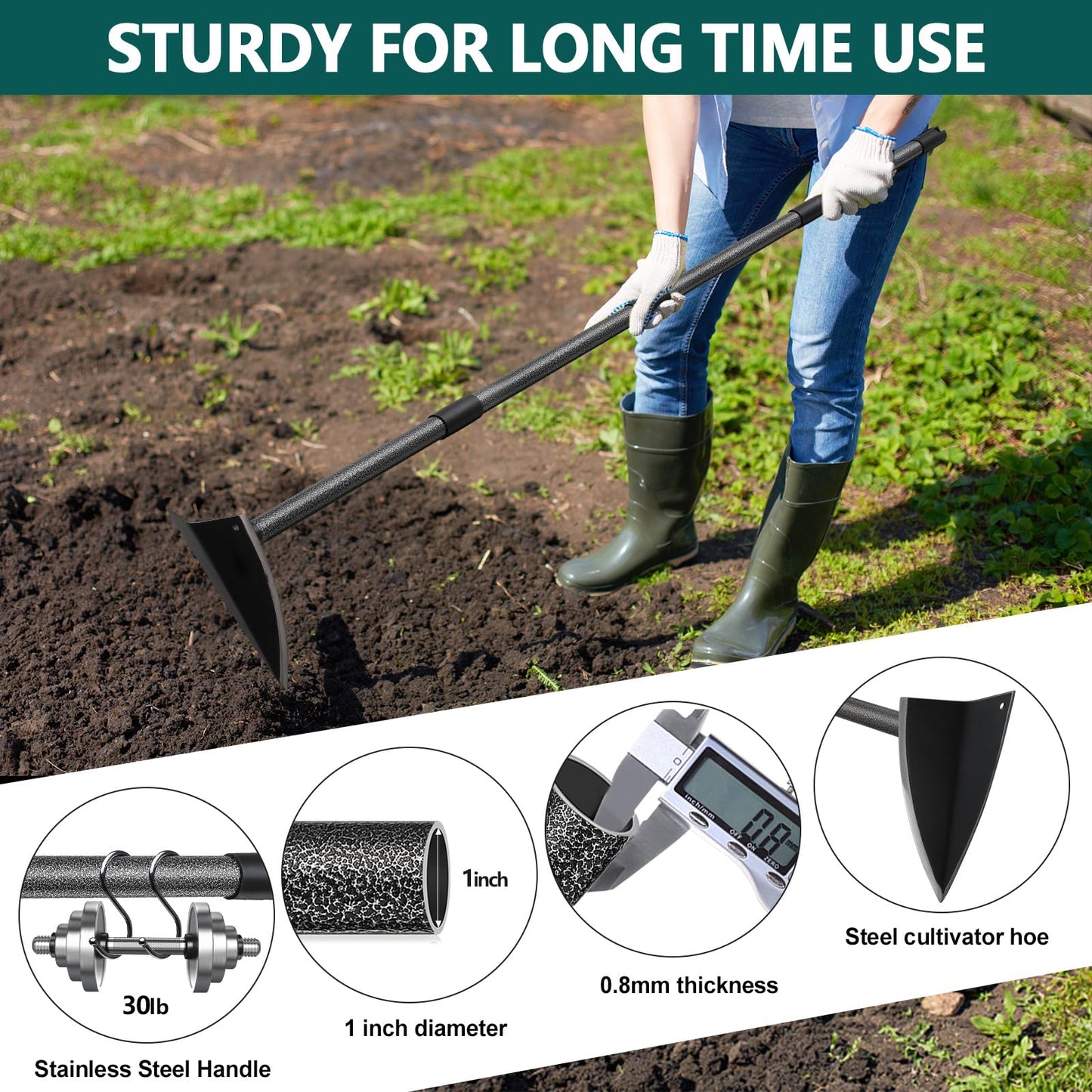 PoPoHoser Hoe Garden Tool, Triangle Hoe Gardening Weeding Tool, 60" Long Handle Heavy Duty Manual Weeder Gardening Hand Tools for Weeding, Digging, Loosening Soil