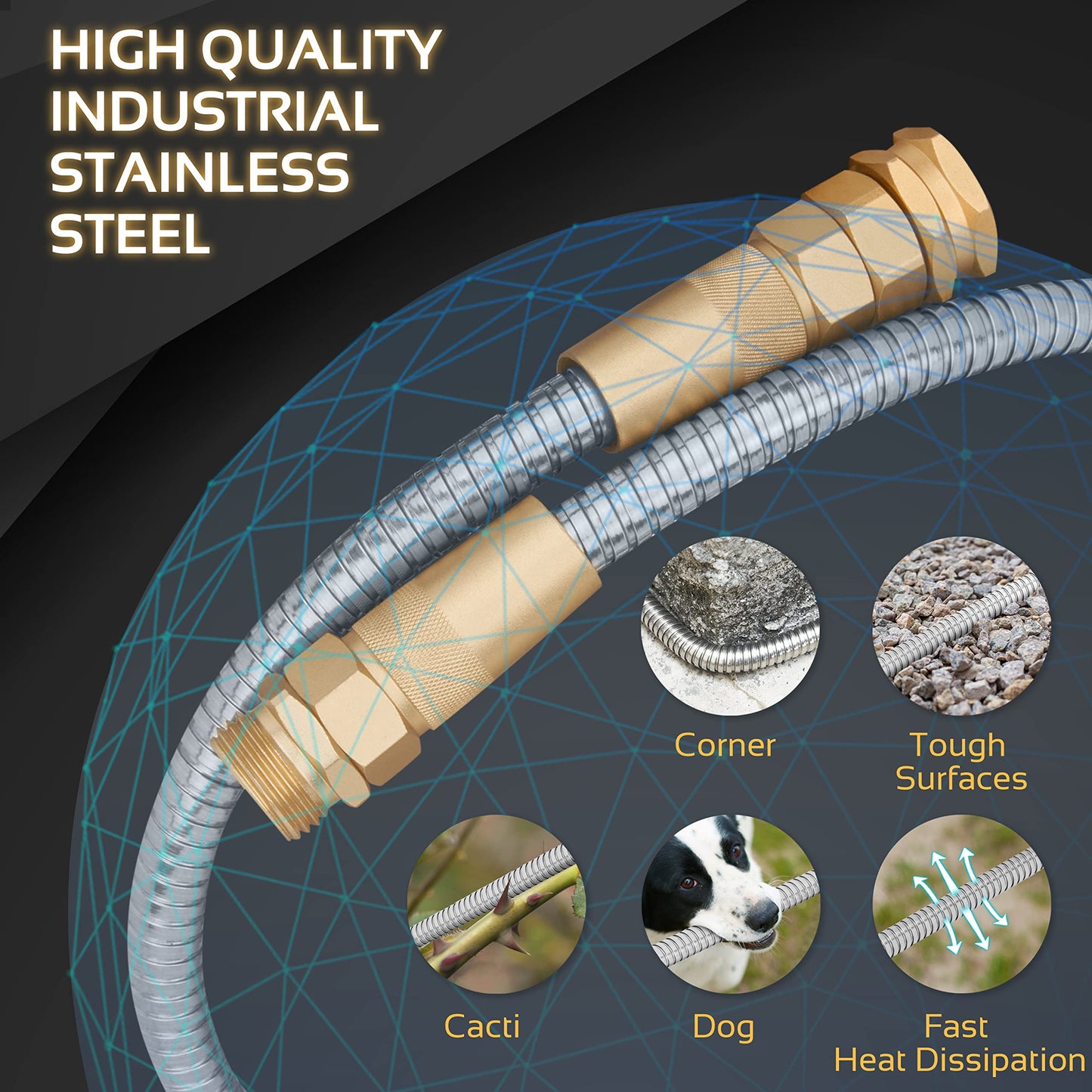 360 GADGET Garden Hose Metal - 50ft Heavy Duty Stainless Steel Water Hose with 8 Function Sprayer & Metal Fittings, Flexible, Lightweight, No Kink, Puncture Proof Hose for Yard, Outdoors, Rv