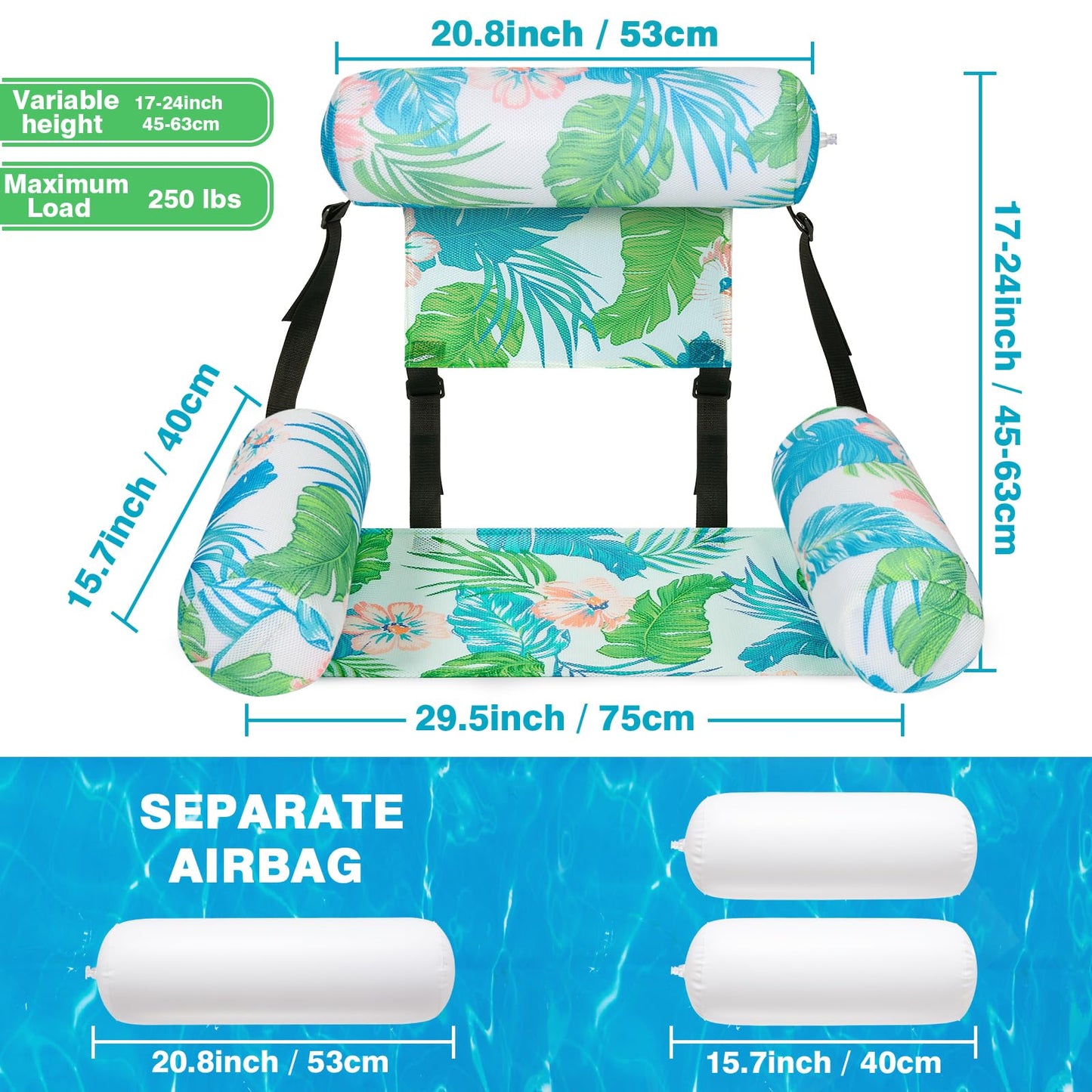 WERNNSAI Inflatable Pool Floats Adult, 2 Pack Floating Lounge Chair Hammock Adjustable, Soft Mesh Comfortable Pool Chair Float for Swimming Pool Beach Lake Summer Water Party（Green Plants）
