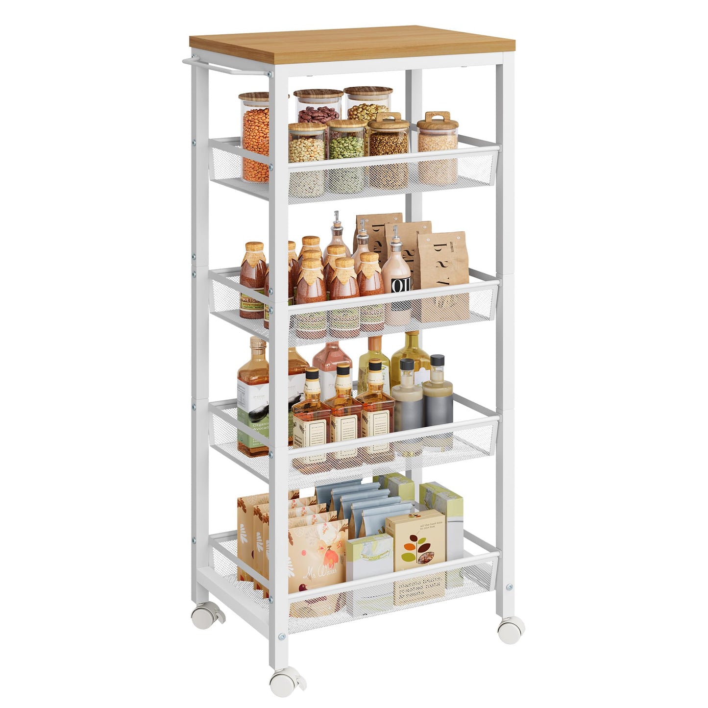 Hoctieon Rolling Storage Cart, 5-Tier 11.8" Wide Rolling Kitchen Storage Cart, Utility Cart with Handle & Wheels, Mobile Shelving Unit, Metal Frame Narrow Cart for Home Kitchen, Laundry, Oak Beige