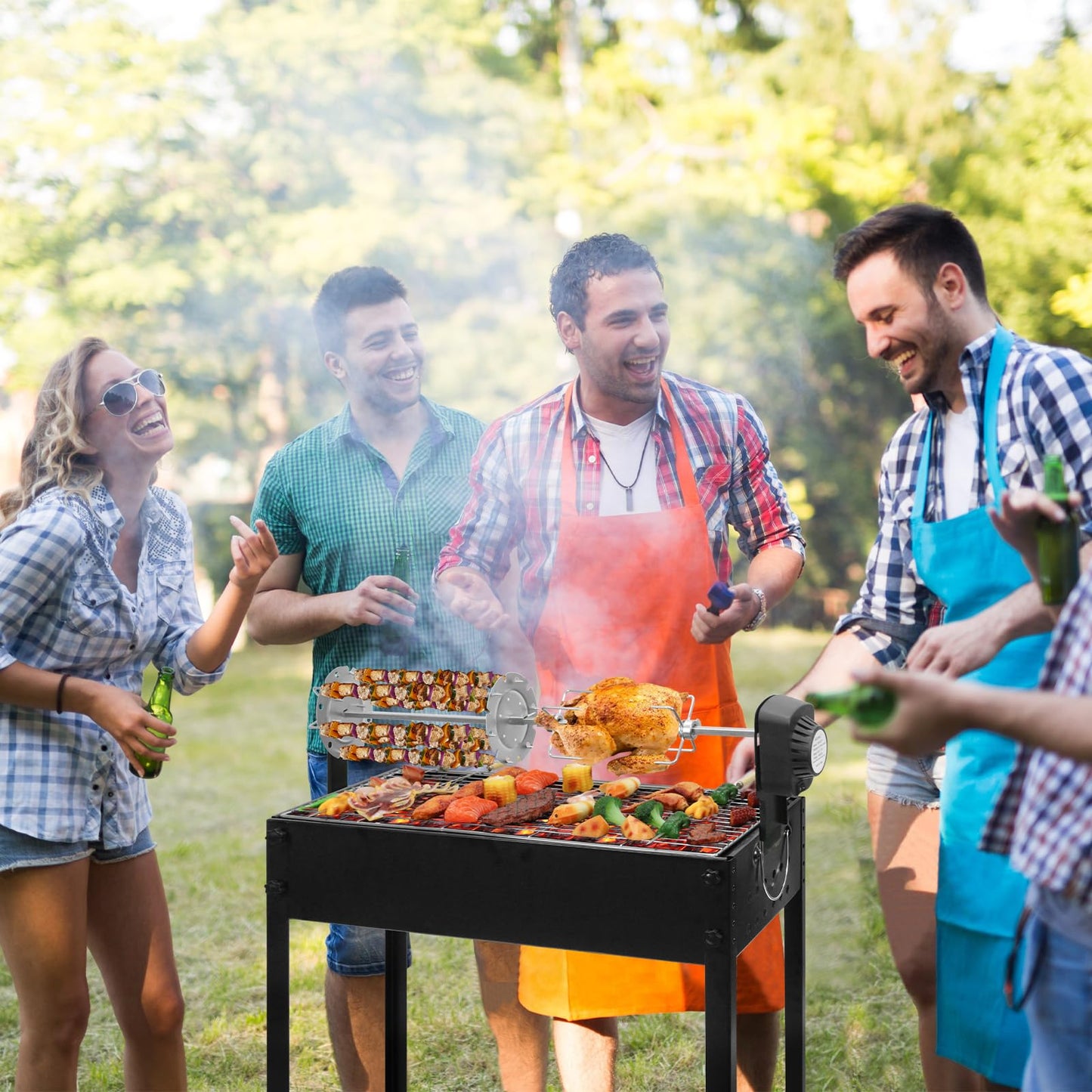 ptlsy 43inch Tall Outdoor Fireplace Chiminea Wood Burning Fire Pit & Rotating Barbecue Charcoal Grill with Rotisserie Meat Forks & 6-Piece Skewer Set for Outdoor Cooking Camping Hiking Picnics Tailgat