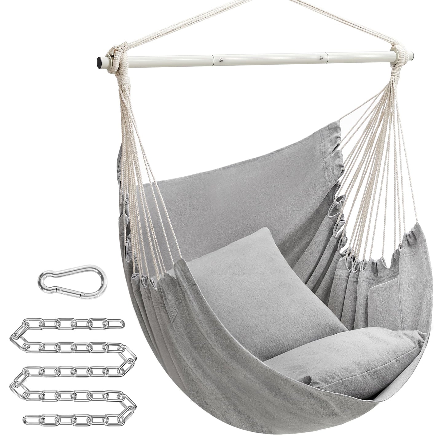 SONGMICS Hammock Chair, Load Capacity 500 lb, Hanging Chair with 2 Cushions, Large Hammock Swing with Chain and Pocket, for Indoor, Outdoor, Living Room, Bedroom, Dove Gray UGDC197G01