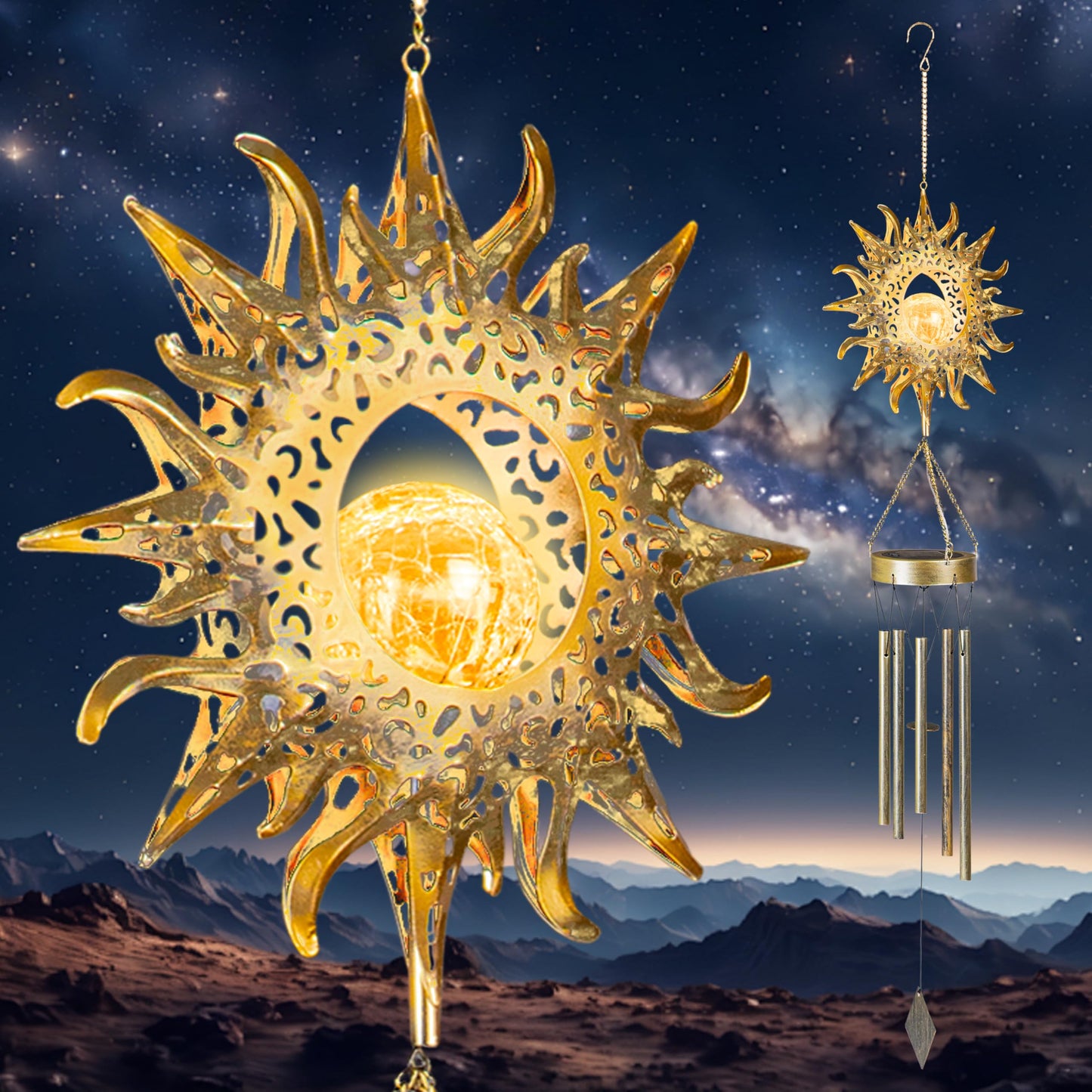 Yonxuleo Sun Solar Wind Chimes for Outside Lights Prefert Gifts for Mom Wife Unique Crackle Glass LED Warm Light Outdoor Hanging Decor Windchimes for Garden Yard Patio Christmas Birthday Mothers Day