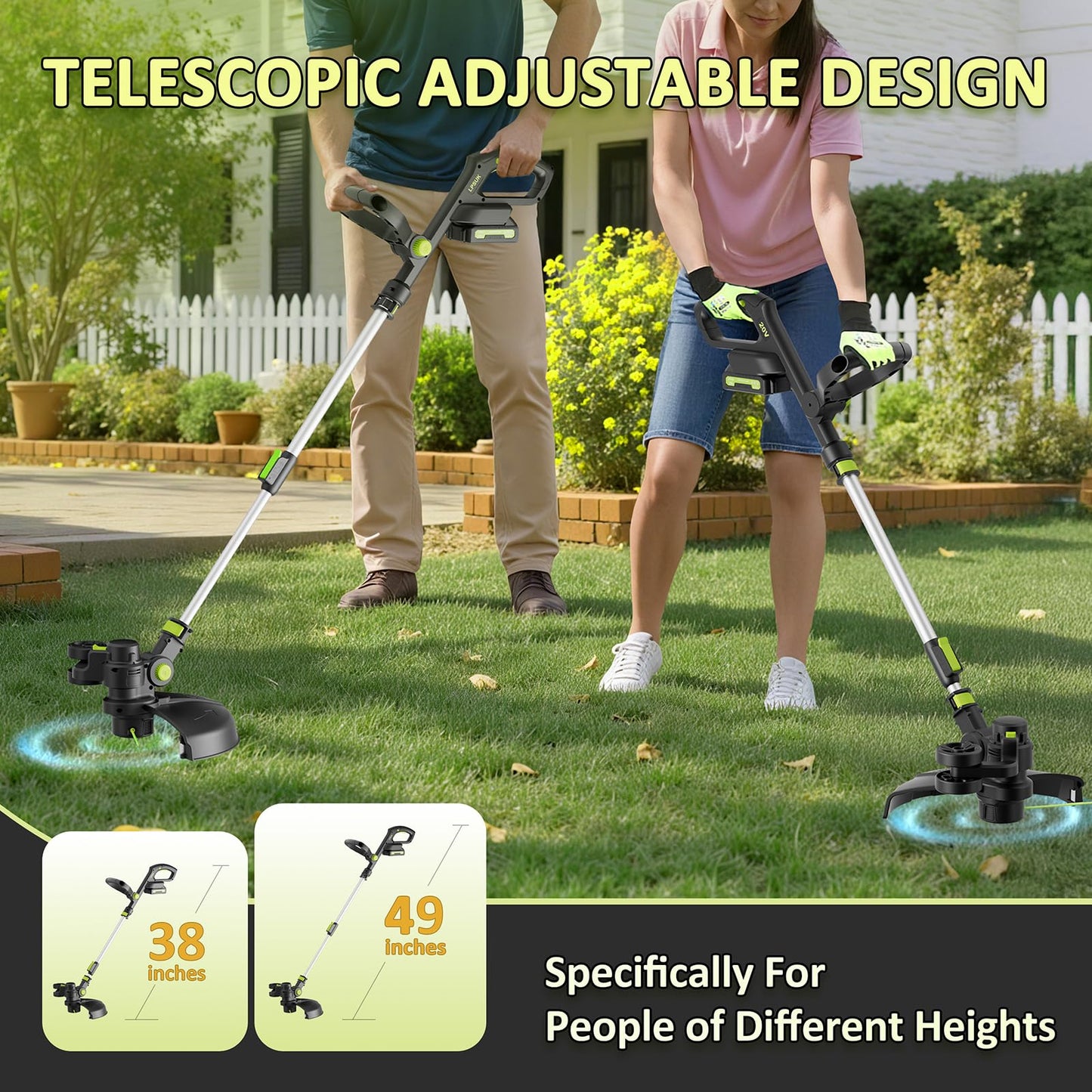 20V Cordless String Trimmer, 2.0Ah Battery Powered with Fast Charger, 12'' Grass Cutter with Auto Line Feed, 3-in-1 Electric Lawn Mower Grass Trimmer & Edger Lawn Tool with 8 Lines for Yard, Garden