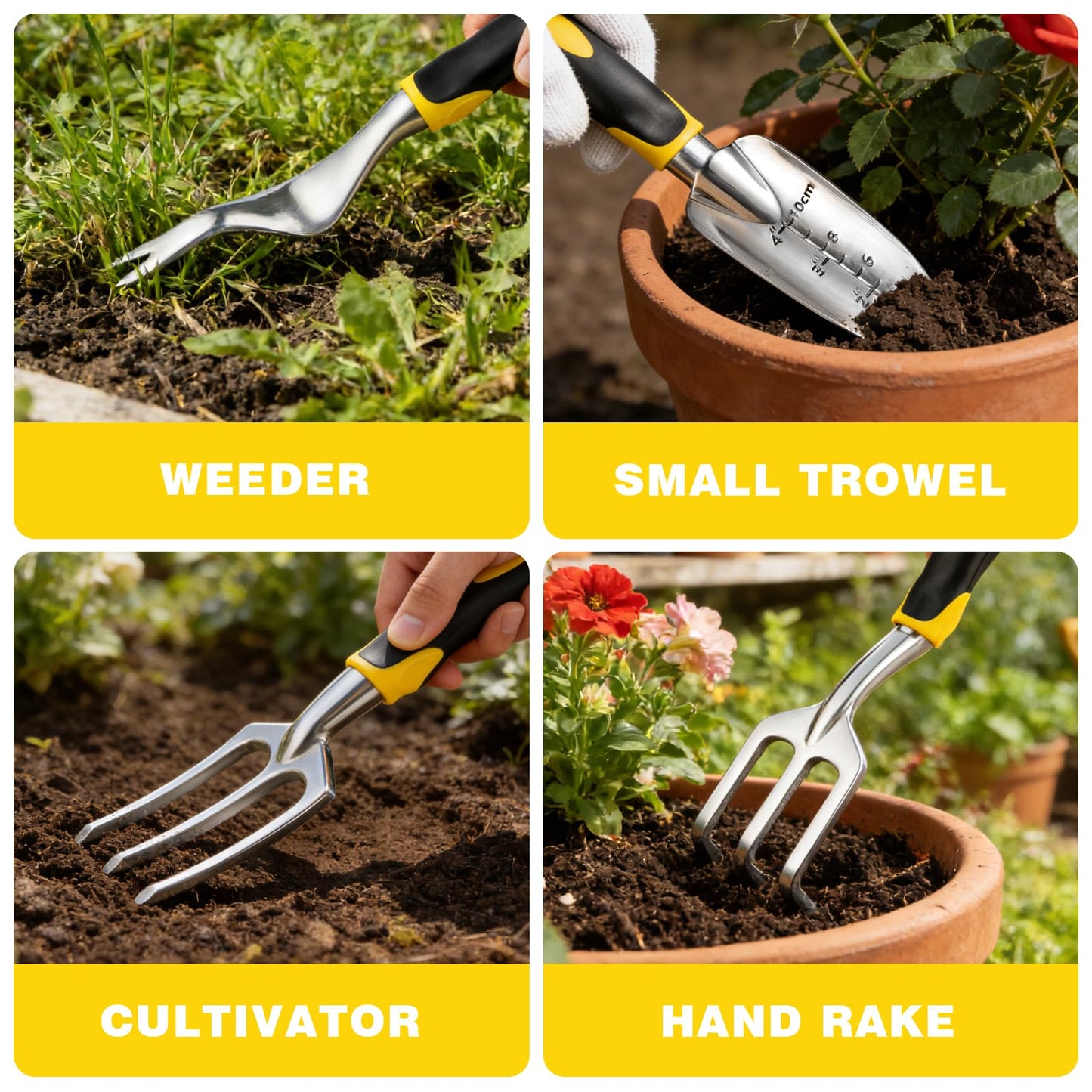 FrutPunch Garden Tools, Ergonomic Gardening Tools, Gardening Hand Tools Aluminum Alloy Material, 7-piece an Ideal Gardening Gift for Women, Men and Parents, Yellow