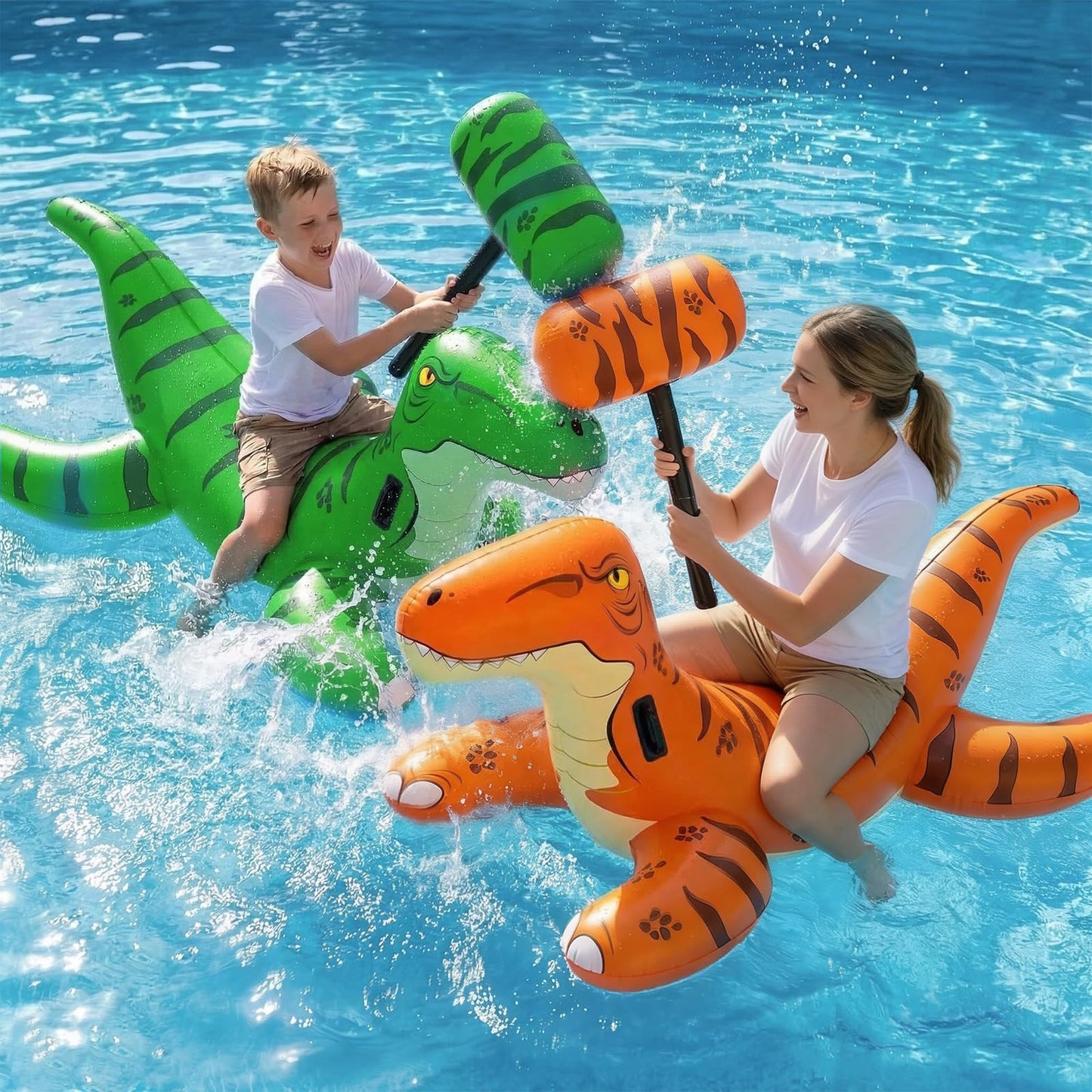 Jasonwell Pool Games Toys Floats -2Pack Inflatable Dinosaur Pool Floats with Blow Up Toy Hammers Ride on Pool Floaties for Kids Teens Adults Lounge Raft Summer Lake Beach Party Decorations (GN&Org XL)