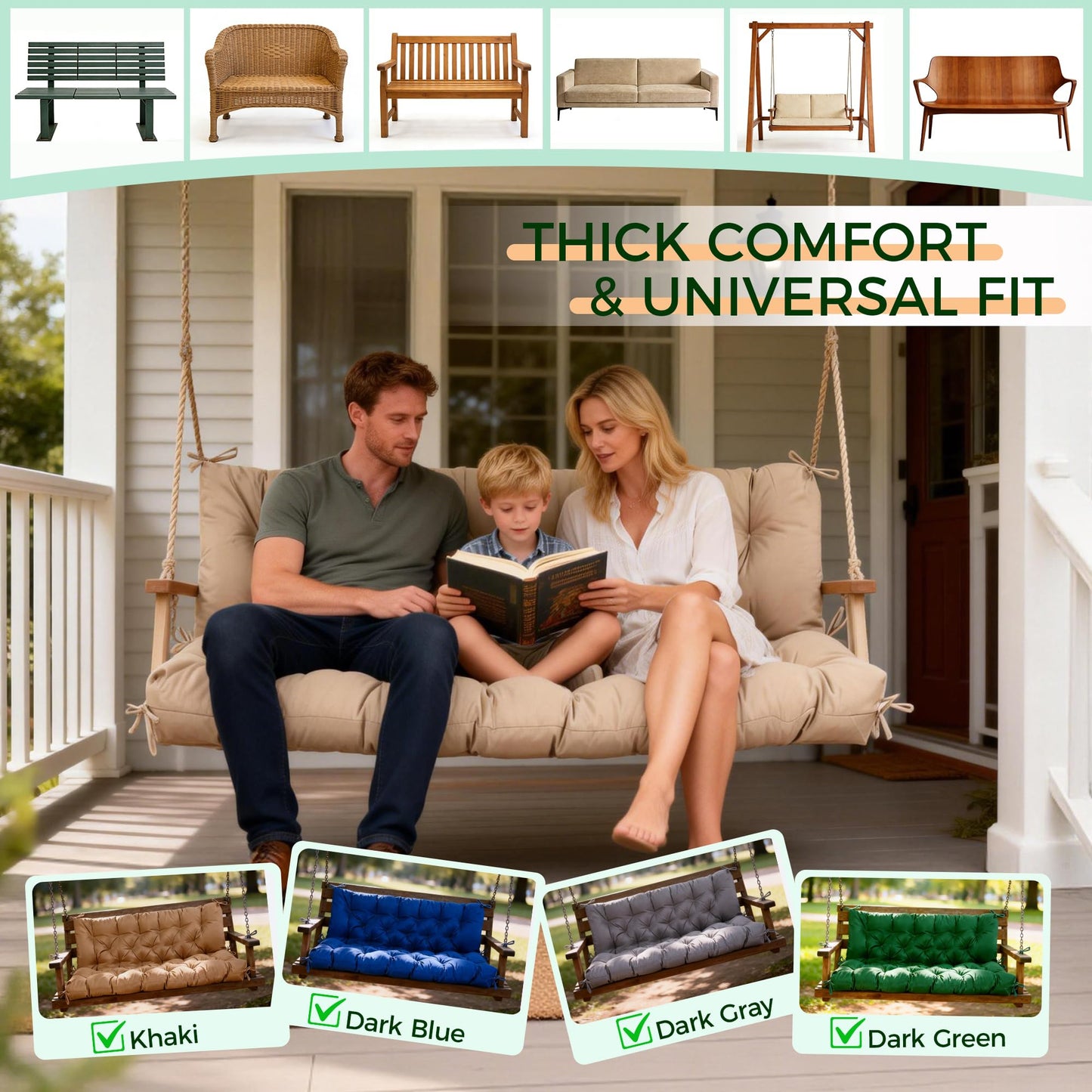 Porch Swing Cushions 60 Inch,Waterproof Patio 2 3 Seater Replacement for Outdoor Furniture with Backrest&Strap,Thick 4" Swing Seat Cushion for Loveseat Garden Glider Bench Lawn Backyard,Dark Gray