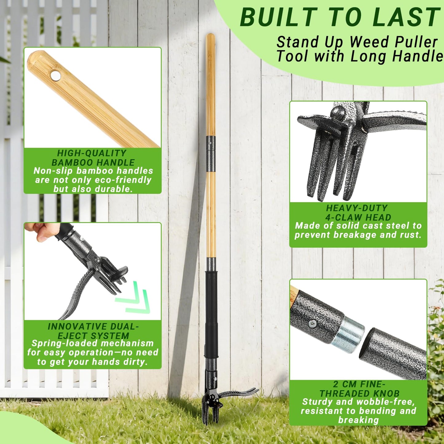 Bamda Weed Puller Tool, Heavy Duty Gardening Hand Tools with 4-Claw Steel Head & Dual-Eject Mechanism, 43.5" Bamboo Long Handle Stand Up Weeding Tool for Lawn Yard, Includes 16 Gallon Leaf Bag