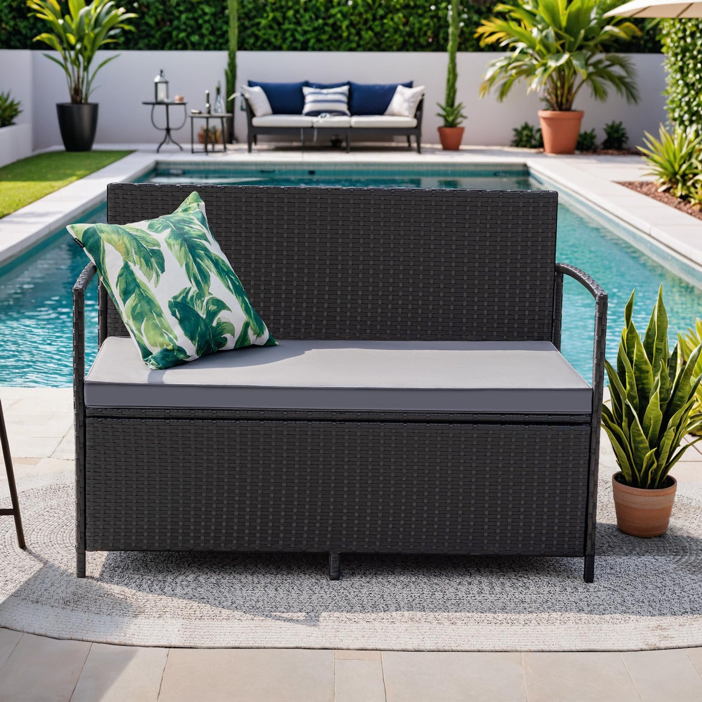 Greesum Patio Loveseat PE Rattan Wicker Outdoor Furniture with Soft Cushions & Built-in Storage Space for Lawn Garden Backyard, Black