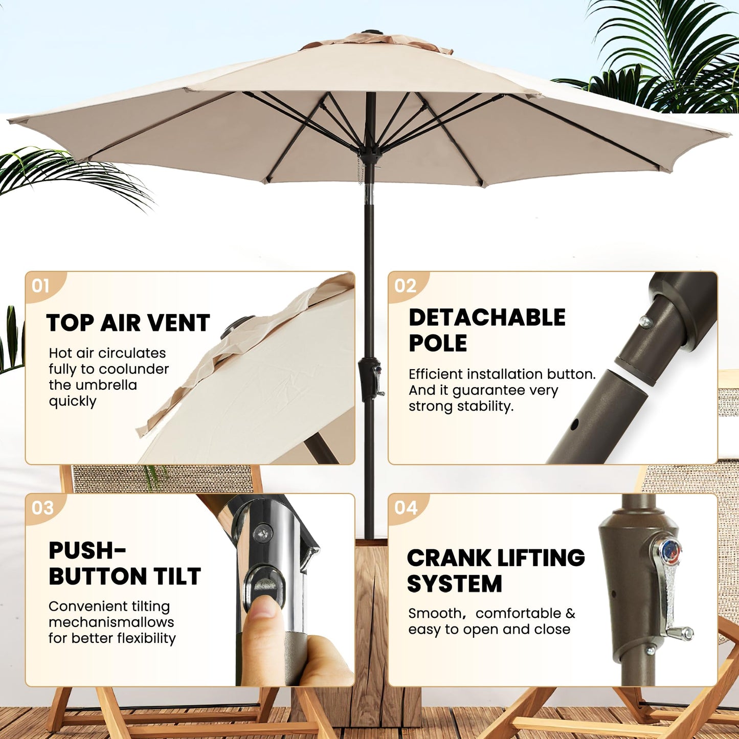 Ayge 9FT Large Outdoor Patio Umbrella Market Table Umbrella-UV Resistant, Easy Push Button Tilt and Crank, 8 Sturdy Fiberglass Ribs Heavy-Duty Pool Umbrella for Deck, Backyard,Garden,Beige