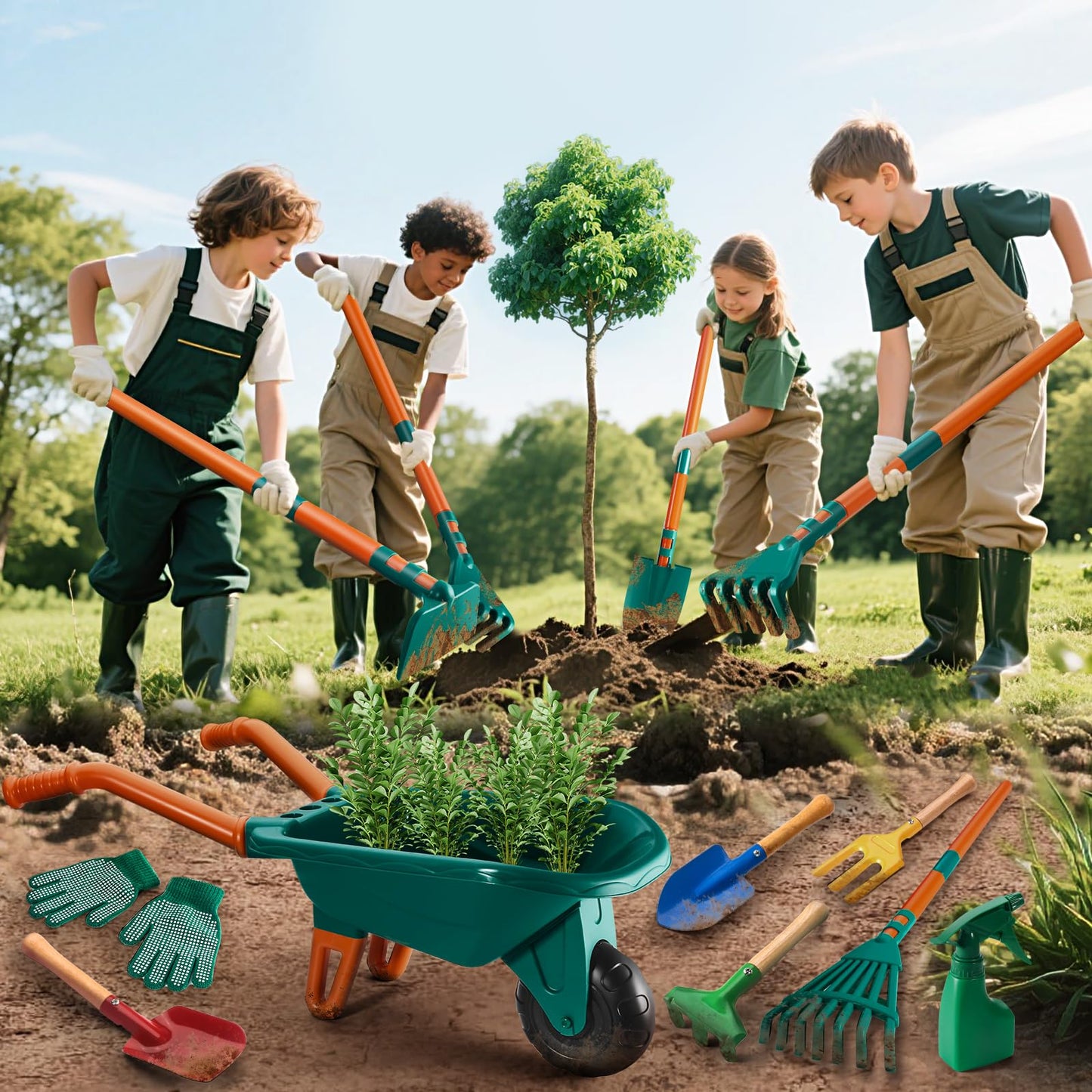 HOSPONY Kids Gardening Set-Kids Gardening Tools Wheelbarrow Set with Shovel, Leaf Rake, Gloves, Spray Bottle-Toddler Gardening Set Play Outdoor Educational STEM Learning for Boys Girls Age 3+