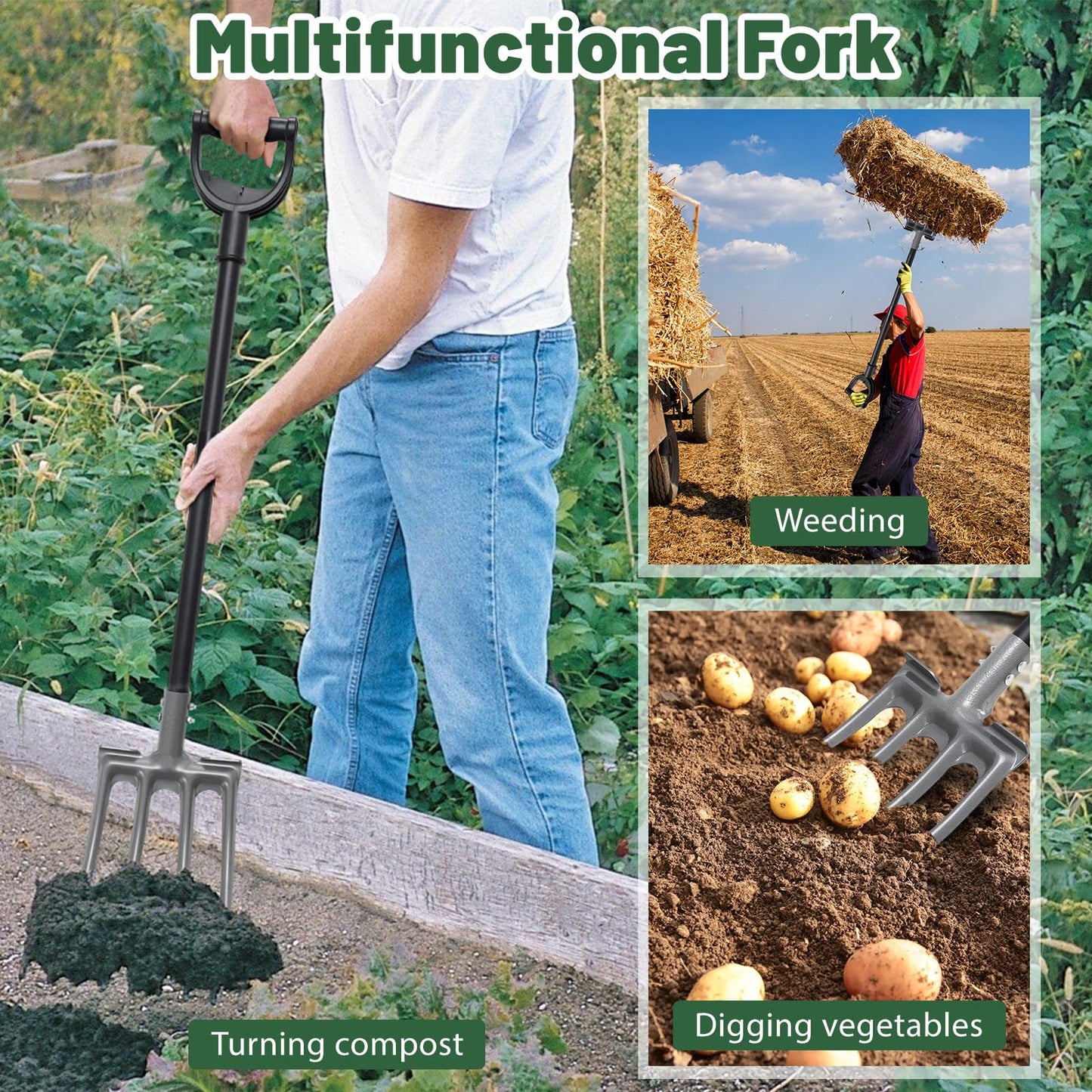 Lilyvane Garden Fork, 4-Tine Gardening Pitchfork with 35” Metal Handle, 46” Long Heavy Duty Digging Manure Forks for Farm Garden Mulch Spreading, Loosening,Potato Digging Composting Transplanting