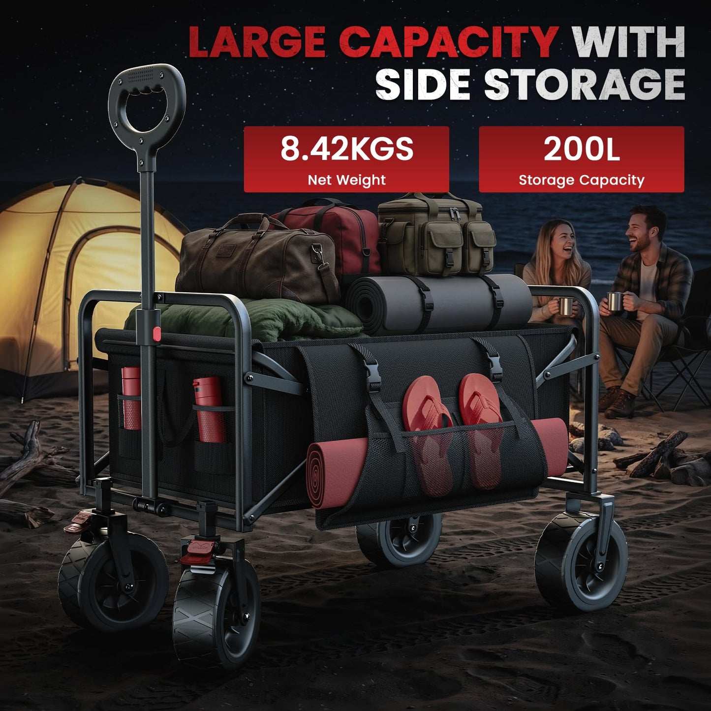 200L Collapsible Wagon Carts Foldable, Heavy Duty Beach Wagon with 7.48" All-Terrain Wheels, Portable Folding Utility Carts with Side Pocket for Beach, Camping, Groceries, Garden & Sports