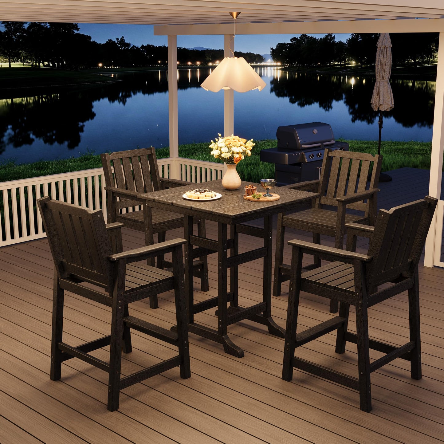 GarveeHome Outdoor Bar Chairs Set of 4, Patio HDPE Garden Chairs with Ergonomic Wide Seat and Footrest, Waterproof, All-Weather Durable Bar Stools for Balcony, Backyard, Poolside, Black