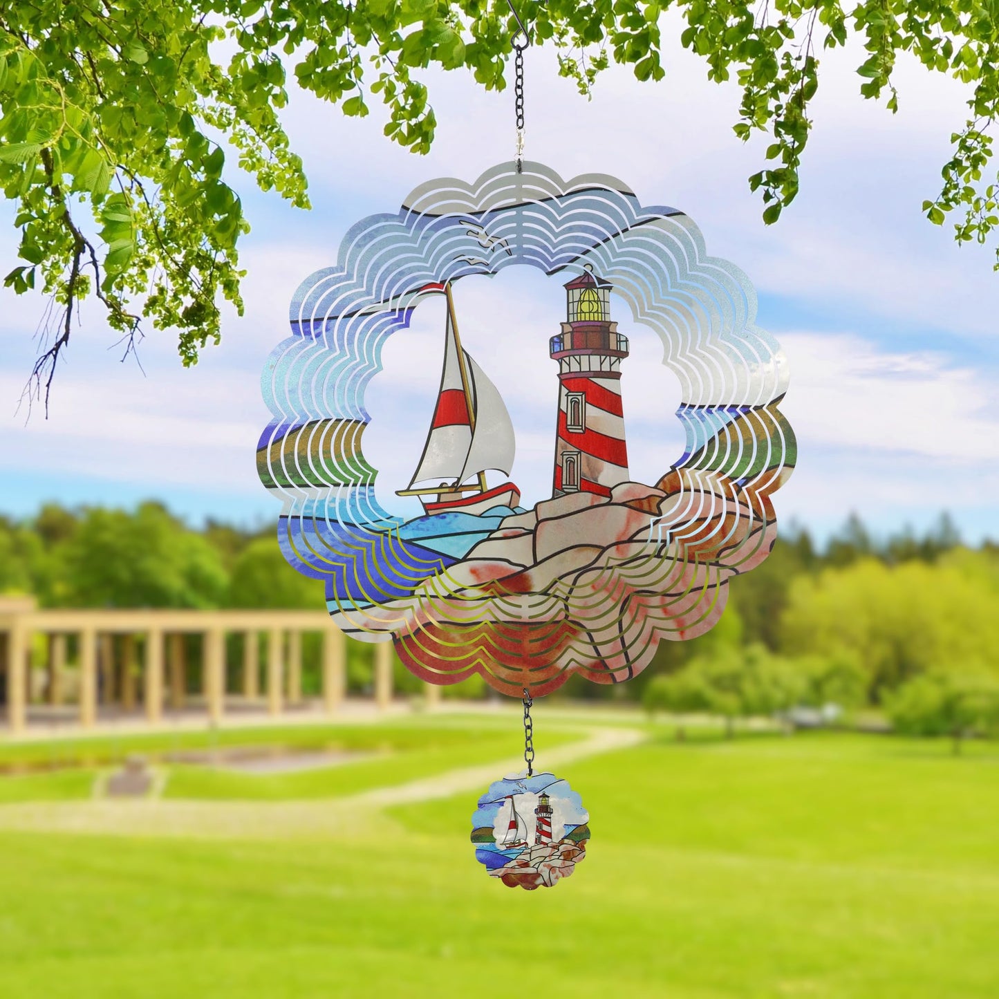 YNGFIL Lighthouse 3D Wind Spinner Kinetic Metal Art Hanging Wind Spinner Outdoor Decoration Ocean Ornaments Decor for Yard and Garden