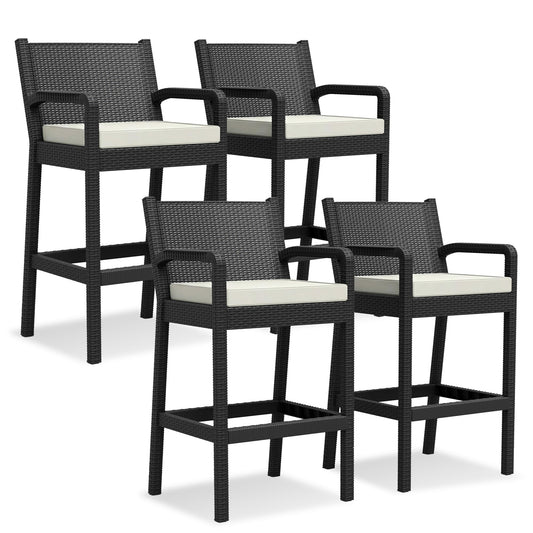 Patio Wicker Bar Stools Set of 4, 30'' Outdoor Counter Height Barstools with Thickened Cushions, All-Weather Wicker Rattan Bar Chairs with Backrest & Footrest for Backyard, Pool, Balcony, Beige