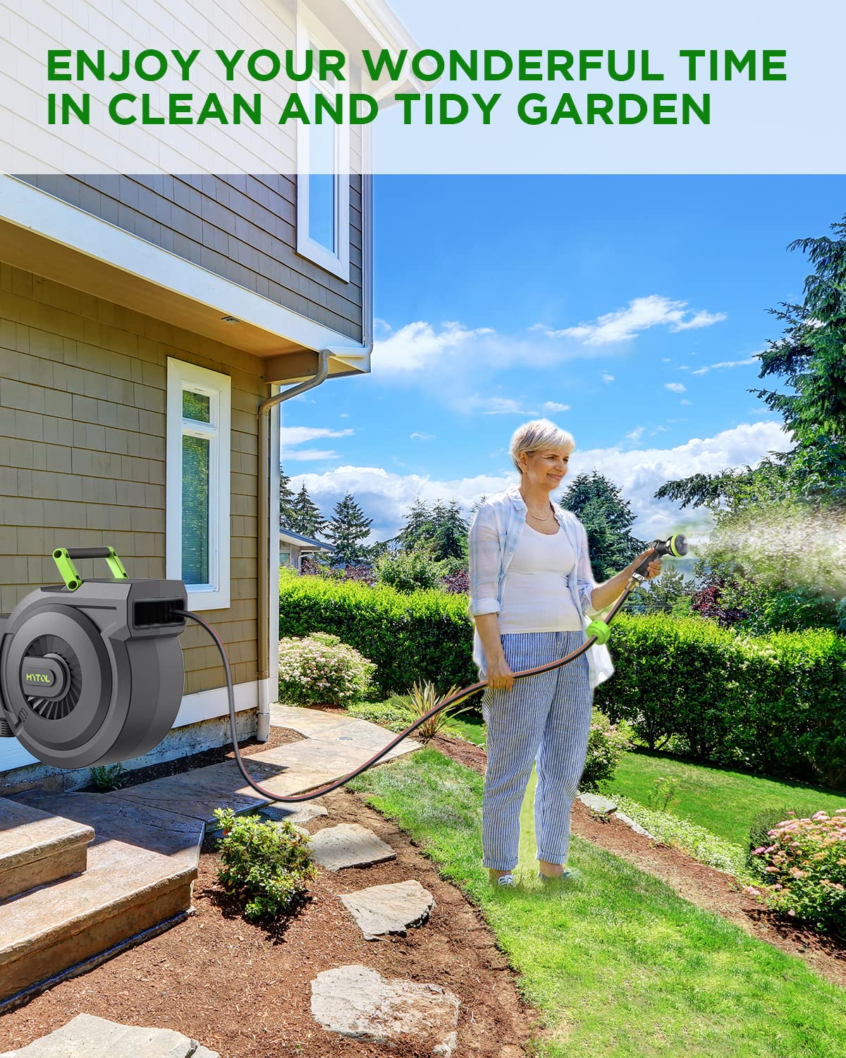 Retractable Garden Hose Reel, 5/8 Inch x 82 ft + 6 ft Wall Mounted Water Hose Reel with Auto Slow Rewind System, 10-Pattern Nozzle, Any Length Lock, 180° Swivel Bracket, Ideal for Easy Watering