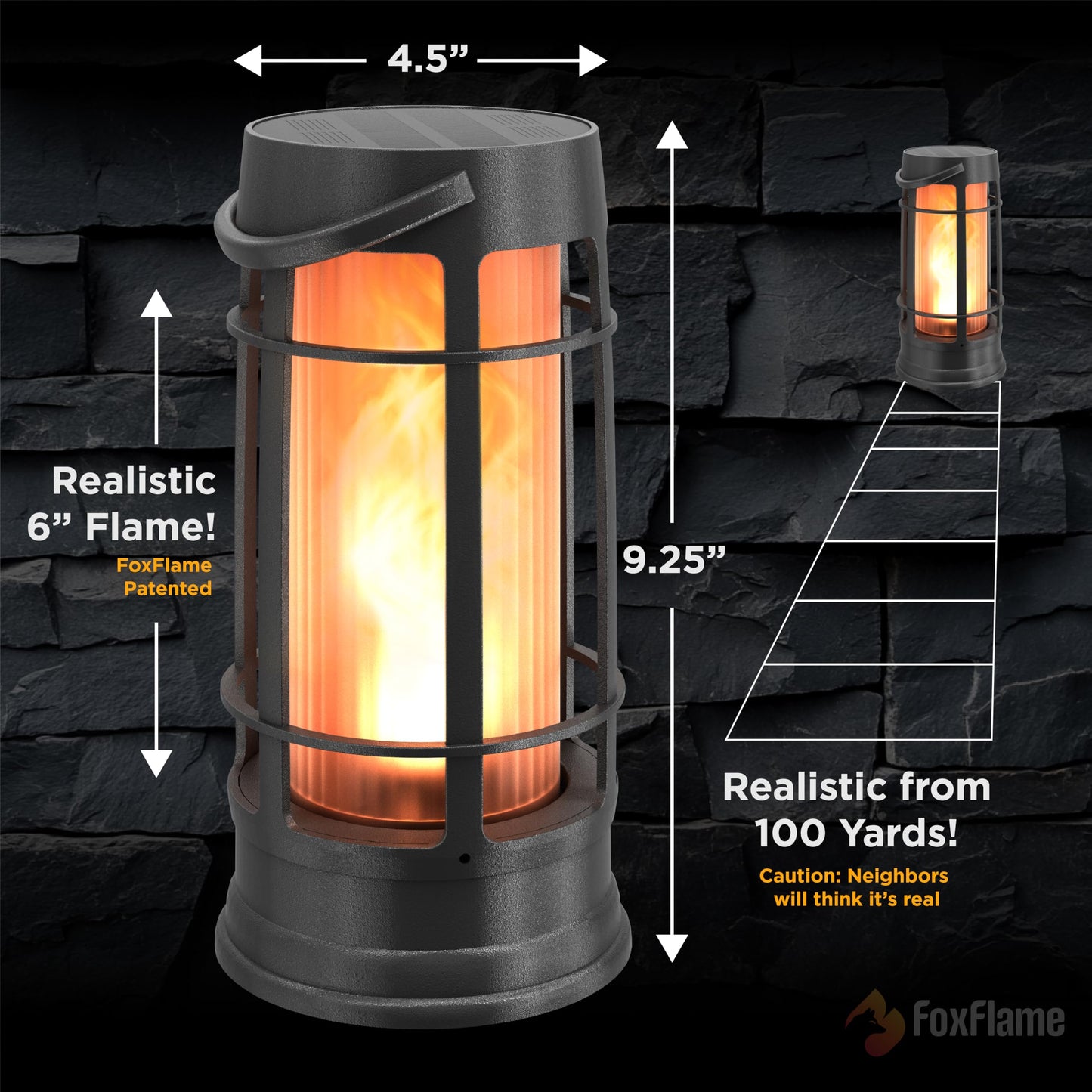 FoxFlame Metal Outdoor Solar Lantern, Flickering Solar Lanterns Outdoor Waterproof with Patented LED, Outdoor Lanterns for Porch, Patio, Garden, Tabletop, Hanging Use, Matte Black (1 Pack)