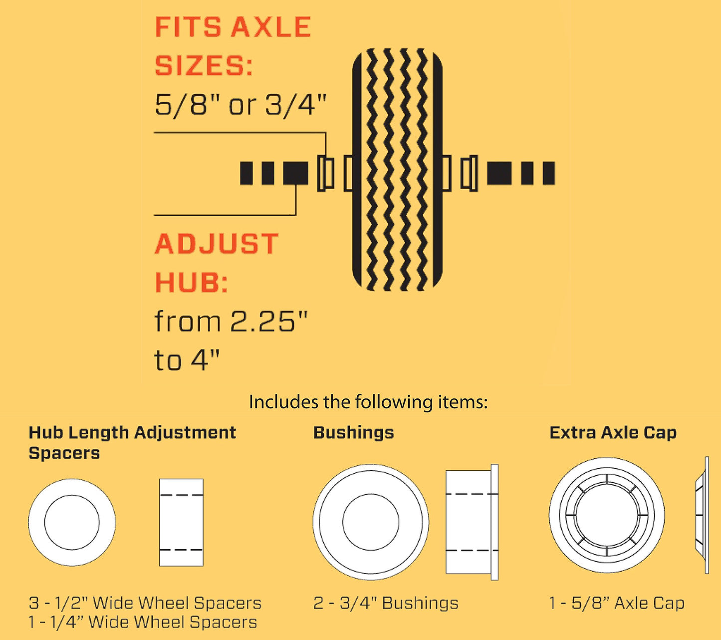 Universal Fit 4.10/3.50-4 Air Filled Hand Truck/Utility Tire, 5/8" Bearings,2.25" Offset to 4" Hub, Adapter Kit Included