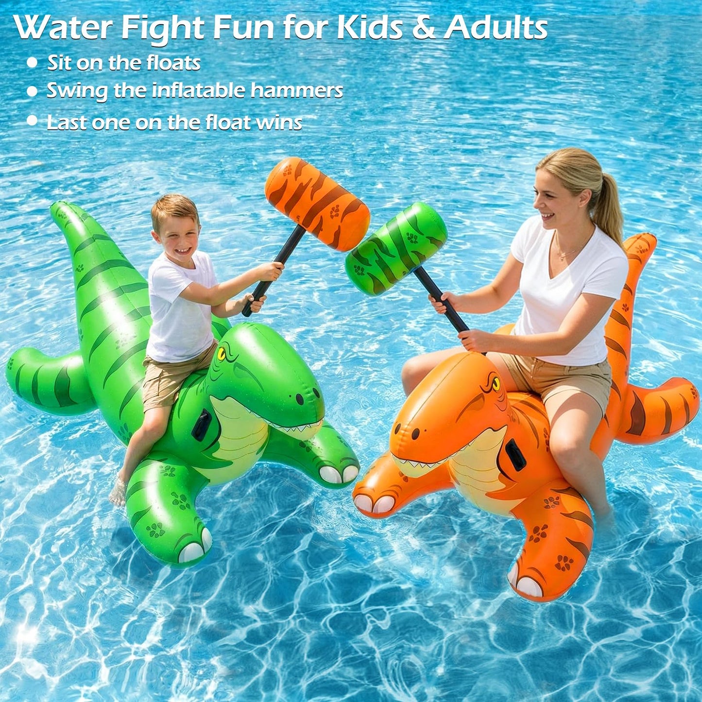 Jasonwell Pool Games Toys Floats -2Pack Inflatable Dinosaur Pool Floats with Blow Up Toy Hammers Ride on Pool Floaties for Kids Teens Adults Lounge Raft Summer Lake Beach Party Decorations (GN&Org XL)