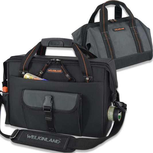 WELKINLAND 25-Pocket Electrician Tool Bag & Small Tool Bag Set, Wide-Opening Technician Tool Bags, Tools Bag W/ 13'' Laptop Compartment, Stay-Up Travel Tech Tools Bag, HVAC Service Tech Tool Bags