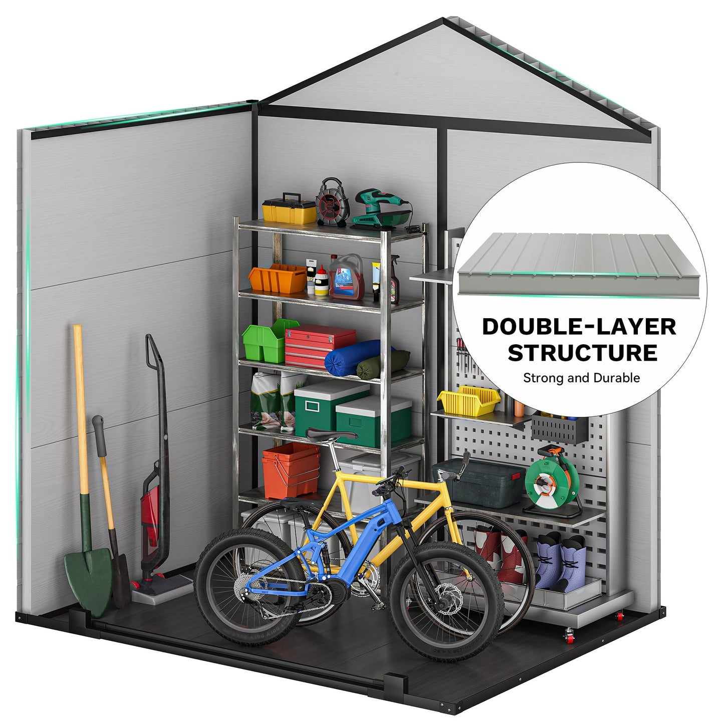 DWVO 6x4.4 FT Outdoor Storage Shed, Plastic Garden Tool Shed with 2 Windows, Double-Wall Outside Shed for Lawn Mower, Garden Tool for Backyard, Patio, Lawn