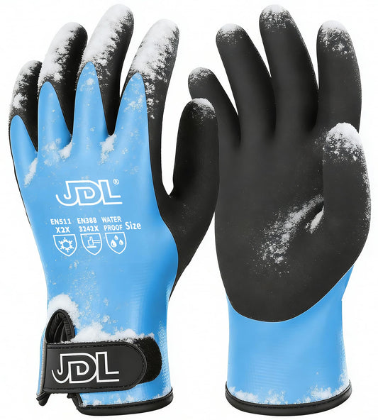 JDL 100% Waterproof Winter Work Gloves for Men & Women, Thermal Insulated Freezer Gloves for Cold Weather, Super Grip Palm, Blue, XX-Large