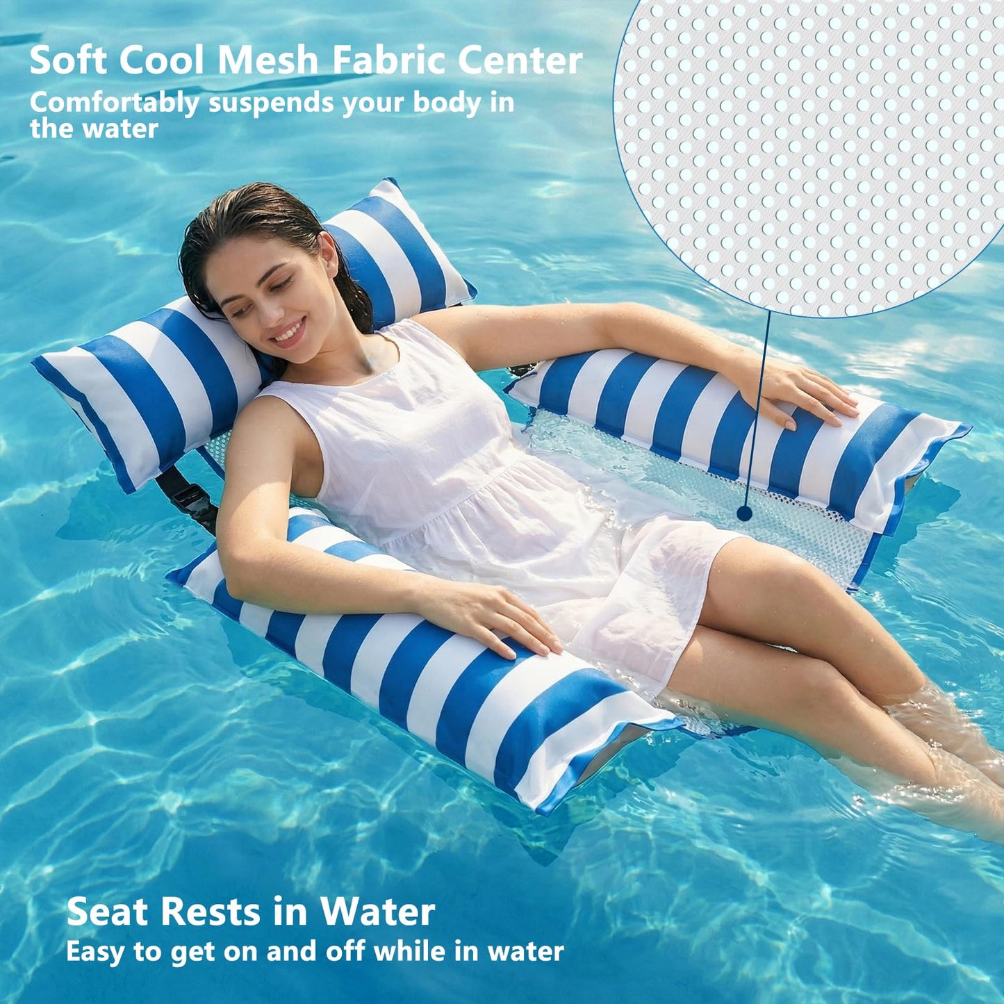 Jasonwell Inflatable Pool Floats Adult - Fabric Pool Floaties Chair Lake Beach Floating Lounger Chair Swimming Pool Noodles Water Hammock Float Mesh Party Floaty Toys Fun for Adults Heavy Duty (Blue)