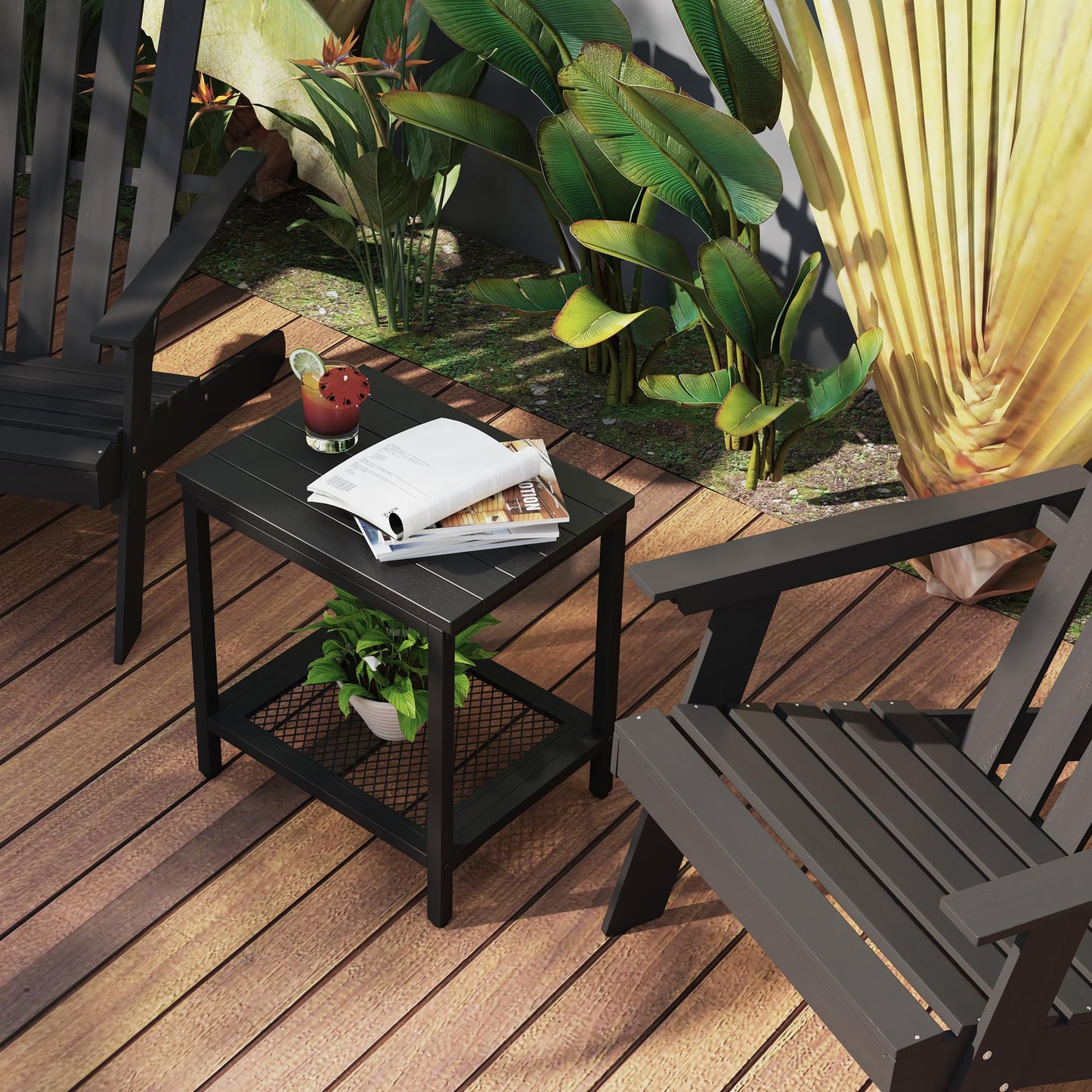 KAAPSAM Outdoor Side Table with Storage, 2-Tier Patio End Tables Weather Resistant, Black Outdoor Accent Table,Small Side Table for Pool, Deck, Garden
