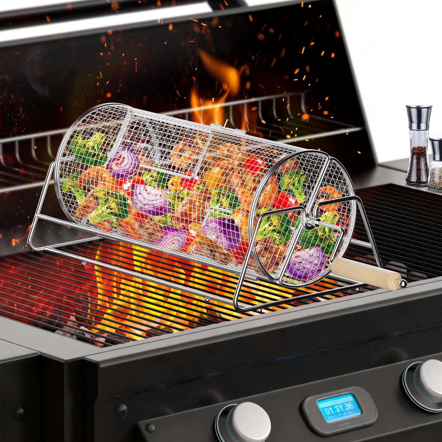 2-in-1 Rotatable Rolling Grill Basket, 304 Stainless Steel, with Removable Wooden Dual Handles & Rotating Stand, BBQ Accessories Tools for Vegetables Shrimp, Gifts for Birthday/Men/Dad/Husband
