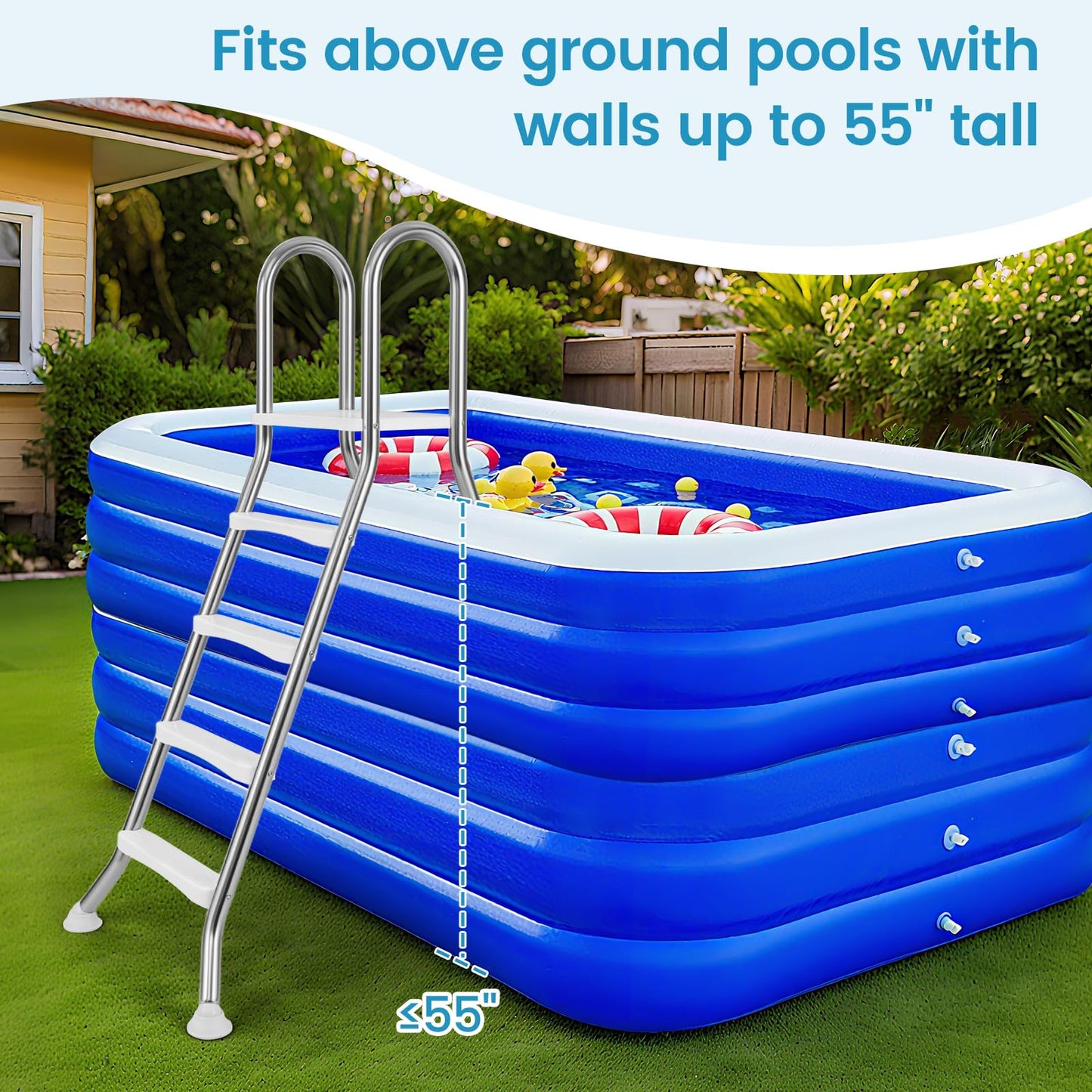 Goplus 4-Step Steel Frame Above Ground Swimming Pool Ladder for 55" Pool Wall Heights, Double-Sided Entry & Exit Ladder w/Non-Slip Steps, Top Platform, Rotating Foot Pads