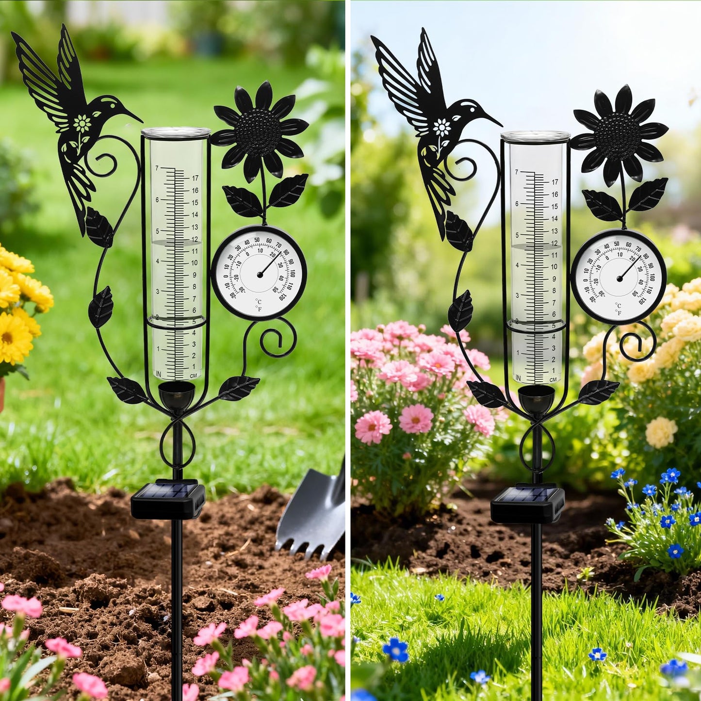 YJFWAL Hummingbird Rain Gauge Outdoor, Decorative Metal Sunflower Solar Rain Gauge with LED Light and Thermometer, Garden Decor for Yard, Lawn, Pathway, Farm