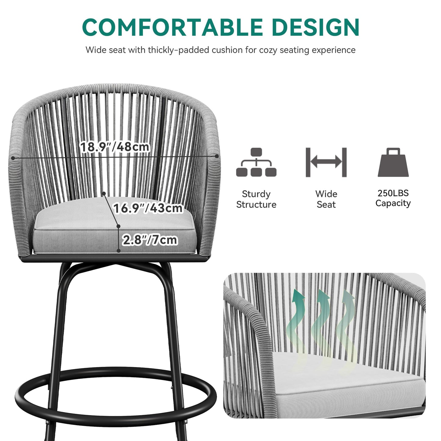 YITAHOME Counter Height Bar Stools Set of 4, Outdoor Bar Stools with Soft Cushions, Patio Rattan Swivel Bar Chairs for Backyard Poolside, Garden w /360 Rotation (Gray)