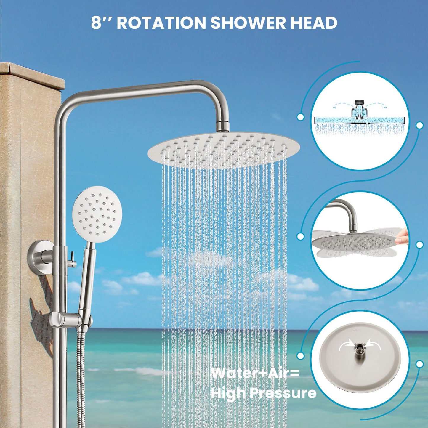 gotonovo SUS304 Outdoor Shower Fixture High Pressure Shower System Combo Wall Mount 2 Dual Function Shower Faucet Set Round Handheld Spray Brushed Nickel Single Handle