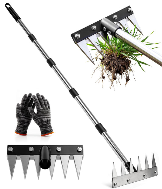 Joysuga Weed Rake Tool Iron Weed Puller with 71" Adjustable Long Handle, 6 Teeth Garden Weed Remover Tool Heavy Duty Manual Weed Puller with Gloves for Yard, Lawn, Garden