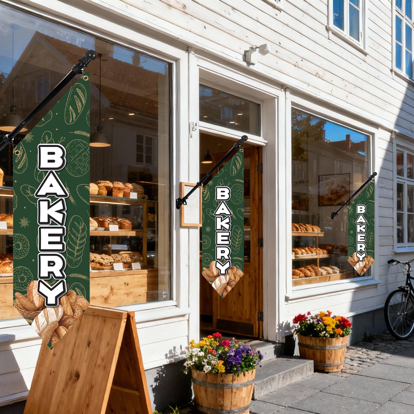 Farm Stand Bakery Flag with Pole Kit – 42x12 Inch Double-Sided Heavy Duty Canvas Banner for Outdoor Cake Shop, Business Sign, Storefront Advertising Decoration(Green)