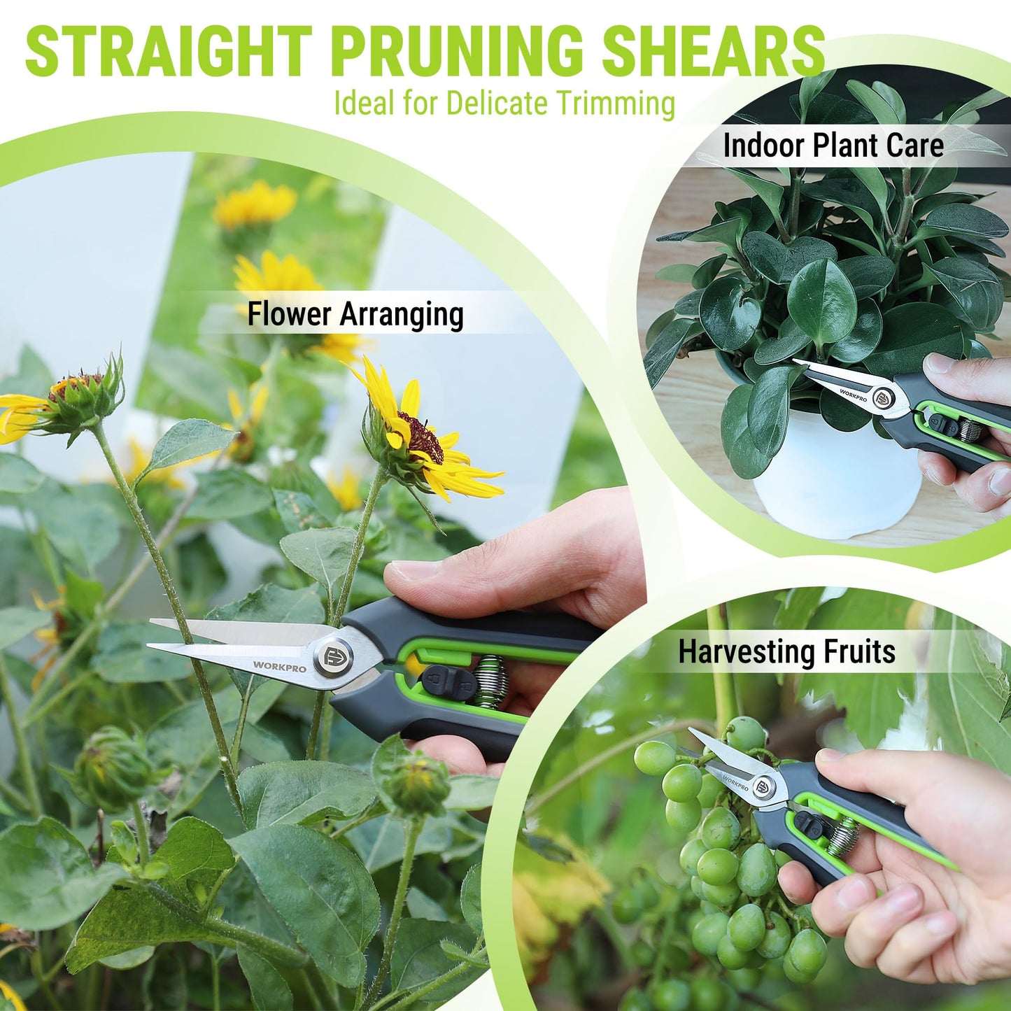 WORKPRO Garden Pruning Shears 2 Pack, 8.25" Bypass Pruning Shears and 6.25" Straight Garden Flower cissors, Garden Clippers Hand Tools for Cutting Flowers, Trimming Plants, Picking Fruits