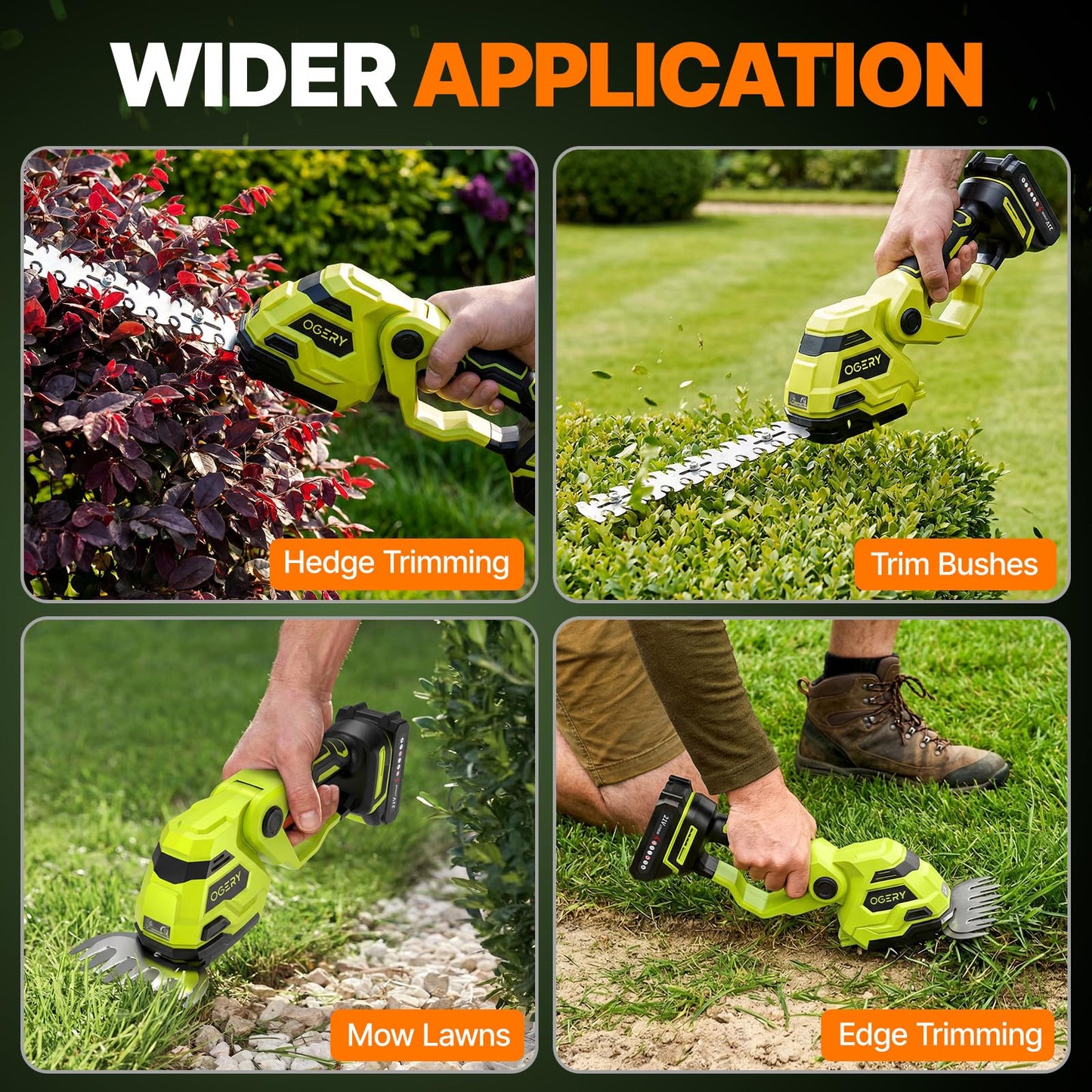 OGERY 21V Cordless Hedge Trimmer & Grass Shears, 2-in-1 Powerful Dual Batteries Electric Bush Trimmer with 8.9” Hedge Blade & 5.1” Grass Trimmer, Adjustable Angle, Lightweight for Garden & Lawn Care