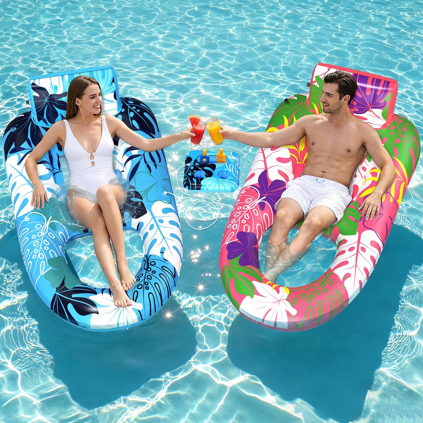 SEETOHOME 2 Pack Pool Floats Adult Heavy Duty, Inflatable Pool Lounger Float with Detachable Cup Holders & Backrest, Extra Large Pool Rafts Water Floaties for Adults Swimming Pools Beach Lake Party