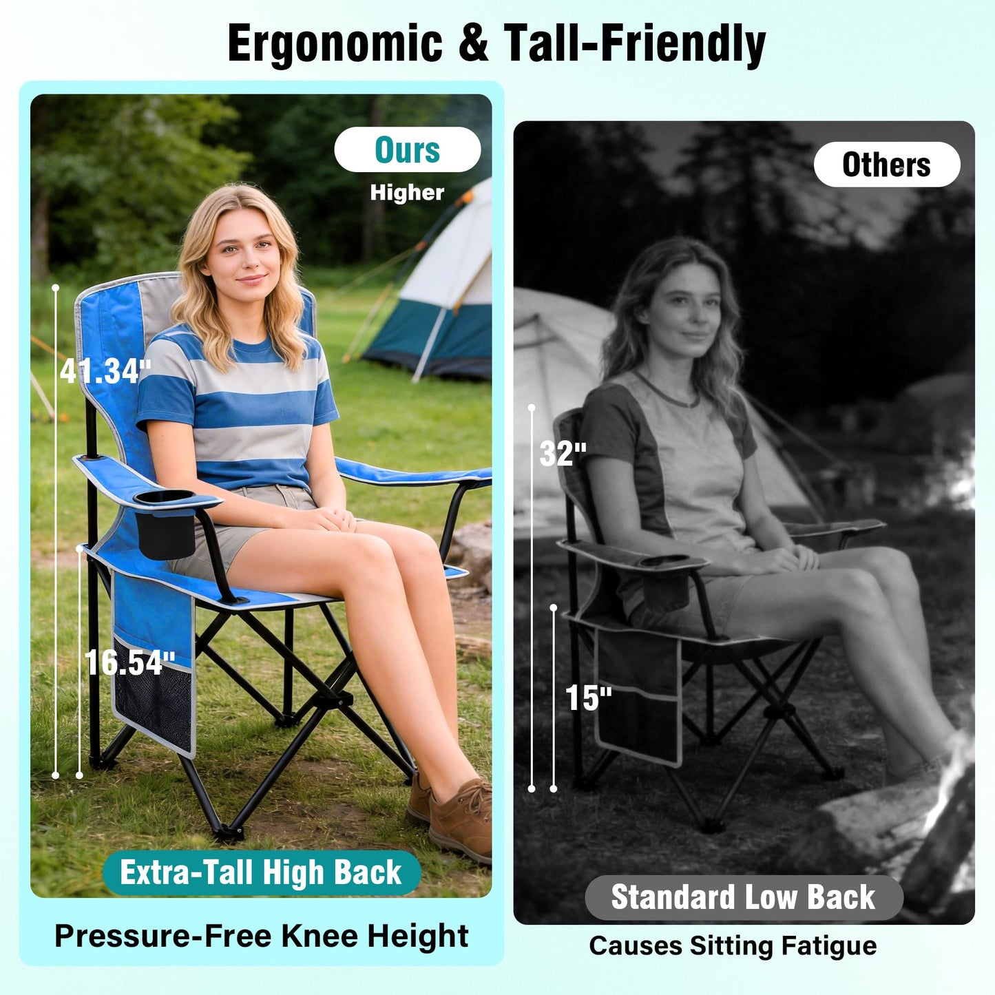 DIAMONDFORGE High Back Camping Chair for Adult, Portable Folding Camp Chair, Outdoor Camping Chair with Wide Cup Holder, Side Pocket for Hiking Fishing Sports, Blue Grey (2 Pack)