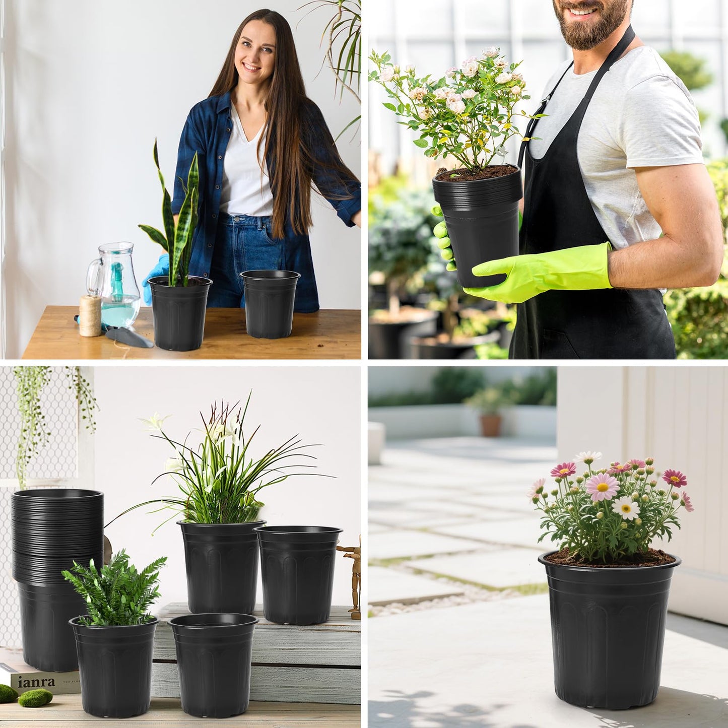 24Pack 2 Gallon Plant Nursery Pots, Thickened Soft Plastic Seedling Starter Pots, Plastic Plant Container with Drainage Hole for Indoor Outdoor Flower Seed,Succulents,Cuttings,Transplanting - Black